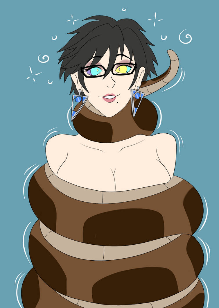 asphyxiation bayonetta bayonetta_(character) big_breasts black_hair bottomless breasts cleavage coiling coils constriction disney earrings femsub glasses hypnosis hypnotic_eyes kaa kaa_eyes large_breasts lipstick maledom mole nude plsgts short_hair snake strangling the_jungle_book topless