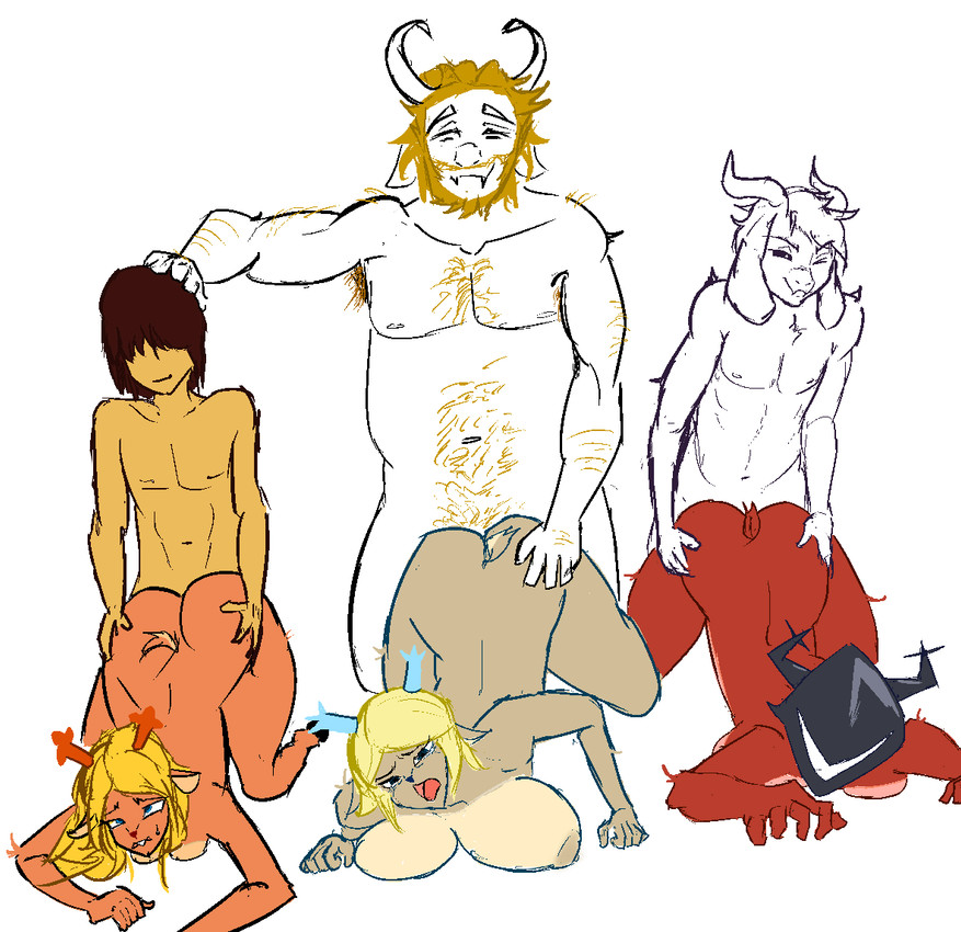 anthro, armor, asgore dreemurr, asriel dreemurr, asriel dreemurr (god form), ass, behind, big, blonde hair, blue, boss monster (undertale), bovid, breasts, caprine, carol holiday, deer, deltarune, dess holiday, esao303, eyes, family, family orgy, female, from, fucked, goat, group, hair, headgear, helmet, horn, human, interspecies, kris (deltarune), male, male/female, mammal, noelle holiday, nude, on, penetrated, penetrating, penetration, position, sex, silly, tail, teeth, tongue, undertale (series)
