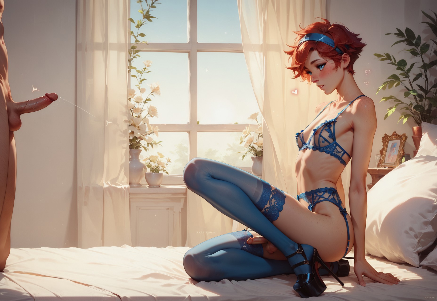 1futa, ai generated, anticipation, artist name, dick, dickgirl, futanari, high heels, intersex, larsmu, lingerie, male, male on futa, penis, red hair, stockings