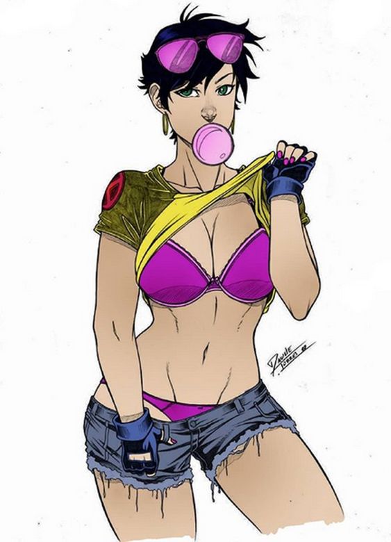 blowing_bubblegum clothed jubilation_lee jubilee large_breasts lifting_shirt marvel marvel_comics posing posing_for_the_viewer pulling_down_pants short_shorts shorts x-men