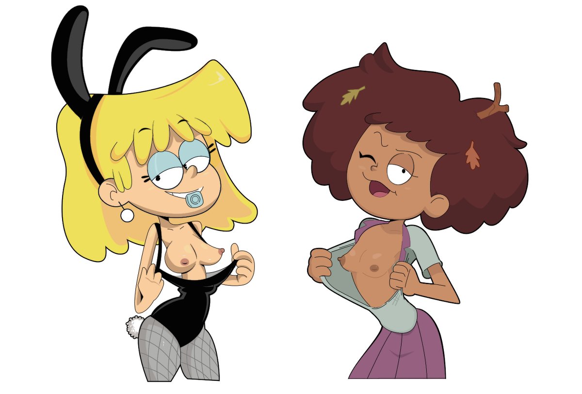 2girls amphibia anne_boonchuy bunnysuit bushy_hair condom_in_mouth crossover dark-skinned_female flashing_breasts gosgoz headwear leaves_in_hair light-skinned_female lori_loud nipples small_breasts the_loud_house white_background wink