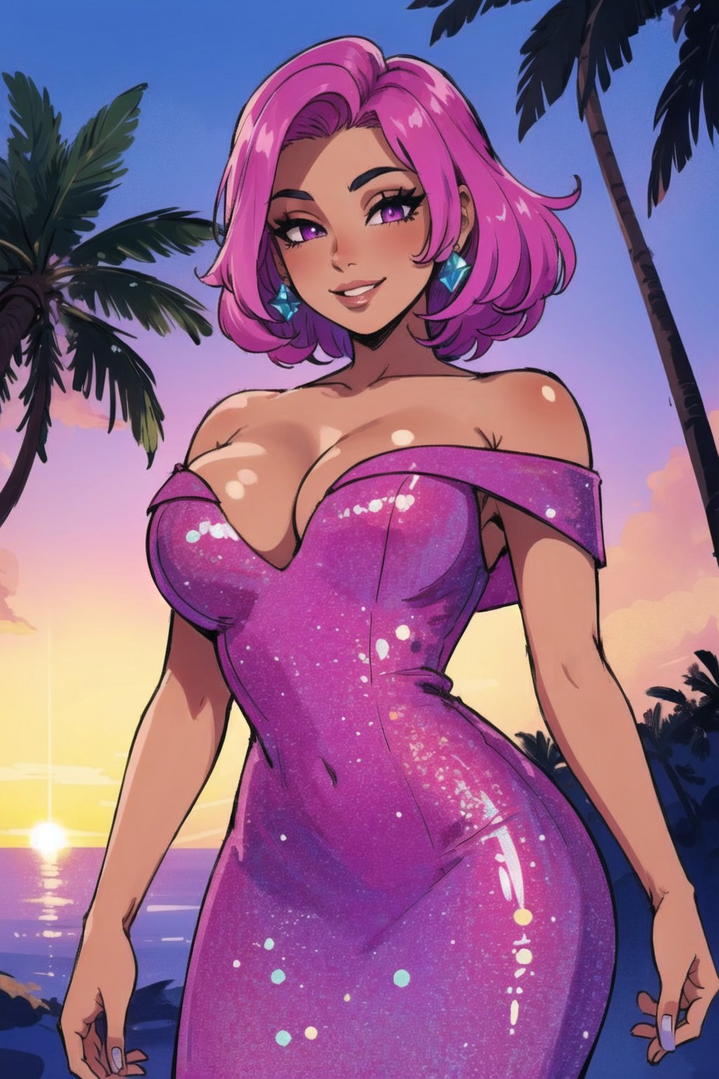 1girls ai_generated bare_shoulders beach bimbo breasts cleavage dark-skinned_female dark_skin dress earrings jewelry large_breasts lips lipstick looking_at_viewer makeup megazard off-shoulder_dress palm_tree parted_lips pink_hair purple_dress purple_eyes purple_hair short_hair smile solo tagme thick_lips uncensored