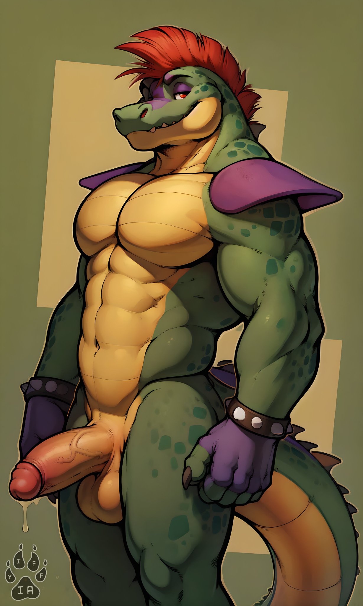 1boy 1male 2024 abs ai_generated alligator alligatorid anthro anthro_focus anthro_only anthro_solo athletic_anthro athletic_male bracelet bracelets claws completely_nude completely_nude_male crocodile crocodilian crocodylid finger_claws fingerless_gloves five_nights_at_freddy's five_nights_at_freddy's:_security_breach glans gloves hair humanoid_genitalia humanoid_penis male male_anthro male_focus male_only mohawk mohawk_(hairstyle) montgomery_gator_(fnaf) nude nude_male pecs pectorals penis penis_out precum precum_drip reptile reptile_humanoid scottgames semi-erect shoulder_pads smile smiley_face smiling solo solo_anthro solo_focus solo_in_panel solo_male solo_male steel_wool_studios studded_bracelet vein veiny_penis