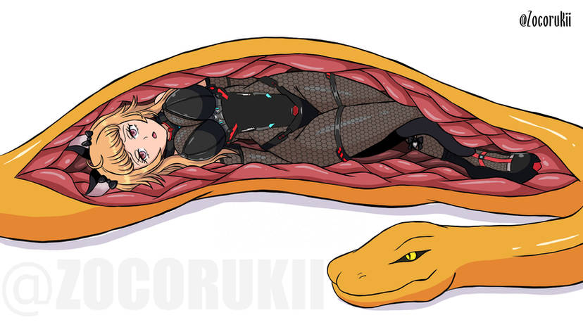 black_body cat_ears cat_tail catgirl commission full_body fully_clothed snake snake_girl snake_vore solo solo_female suit vore vore_belly white_skin x-ray yellow_hair zocorukii