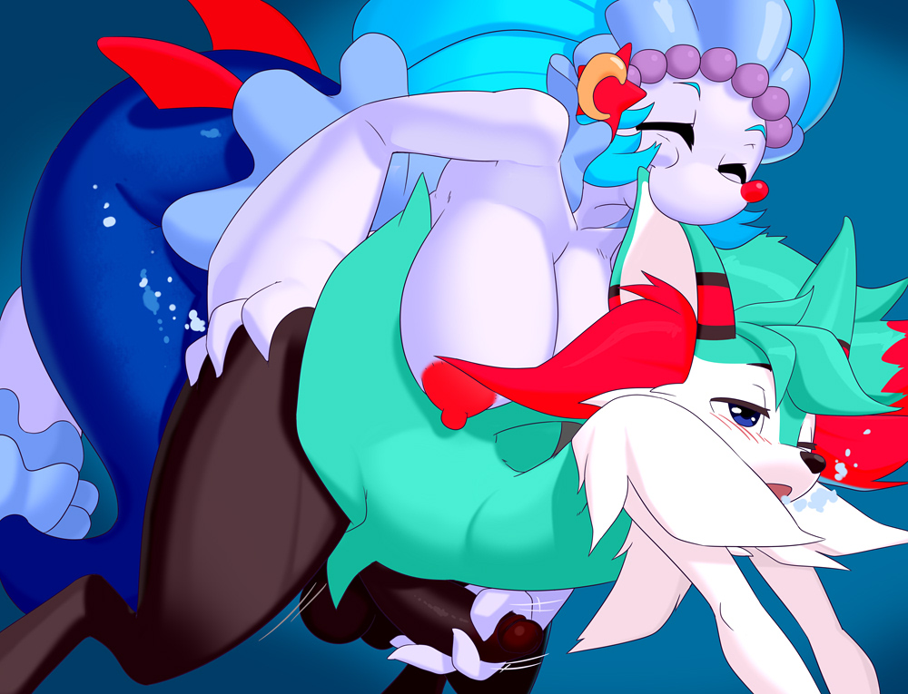 1futa anthro balls big_breasts blue_eyes blush braixen closed_eyes digital_media_(artwork) fur furry futa_on_male futanari green_fur hair_ornament hand_on_butt handjob handjob_while_penetrating juzztie male nipples one_eye_closed penis pokemon pokemon_(species) primarina underwater