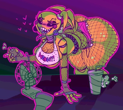 big_breasts fishnets five_nights_at_freddy's five_nights_at_freddy's_2 huge_ass slutty_outfit tongue tongue_out toy_chica_(fnaf)