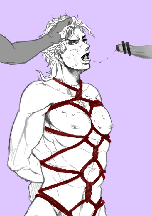 bondage dio_brando disembodied_hand disembodied_penis gay hand_on_another's_head jojo's_bizarre_adventure male male_only muscular_male open_mouth saliva_trail stardust_crusaders tied tied_up tongue_out yaoi