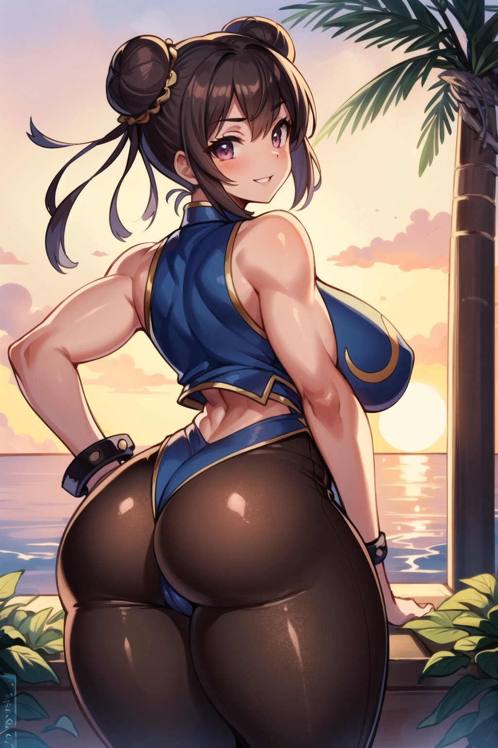 1girls ai_generated ass, beach bracelet breasts brown_hair chun-li double_bun evening from_behind horizon jewelry large_breasts looking_at_viewer looking_back megazard ocean orange_sky outdoors palm_tree smile solo street_fighter sunset tagme thighs toned uncensored