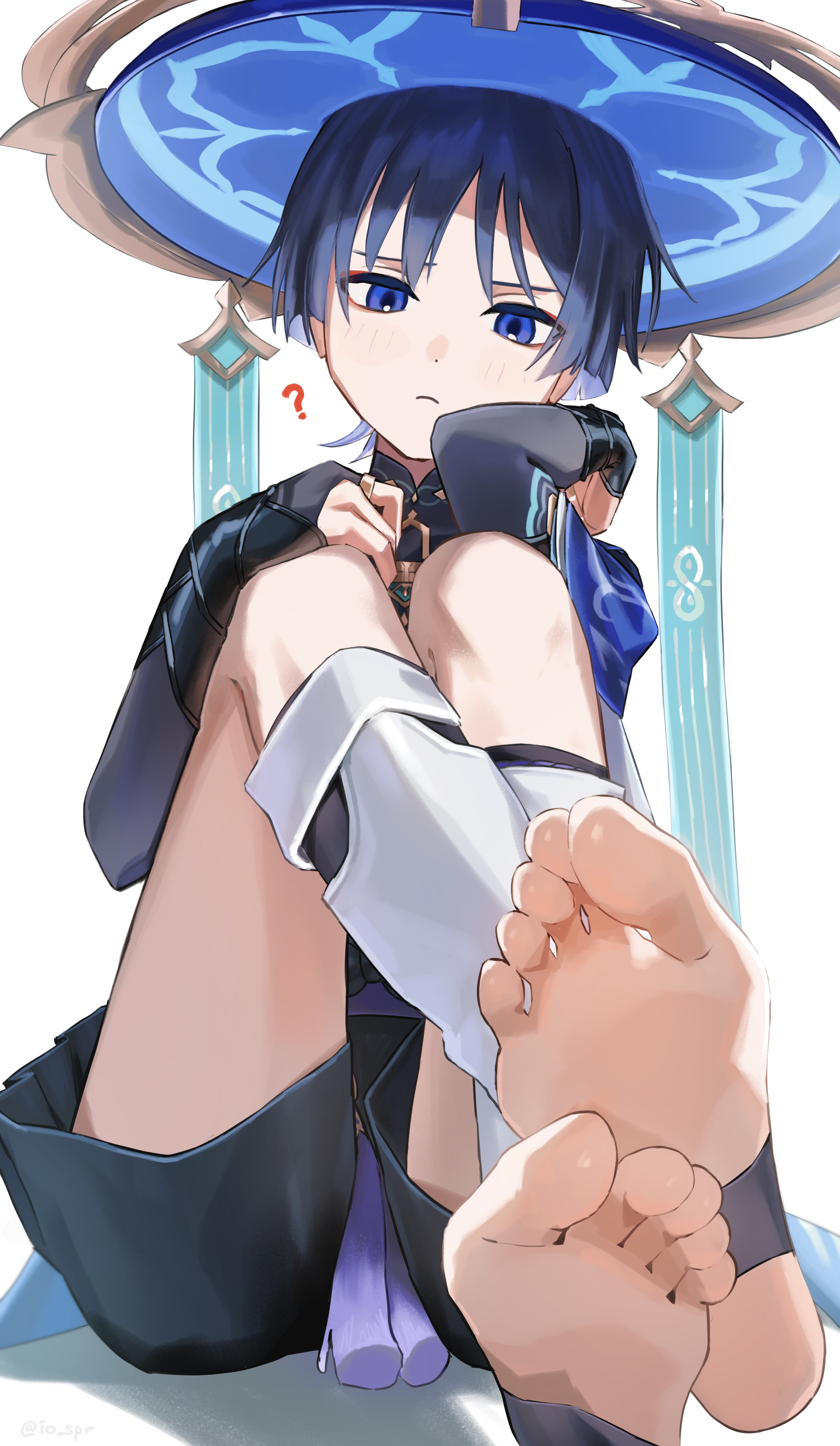 1boy, confused look, feet, femboy, foot fetish, genshin impact, male, male focus, male foot fetish, male only, scaramouche (genshin impact), soles, stirrups, twink, 衣緒