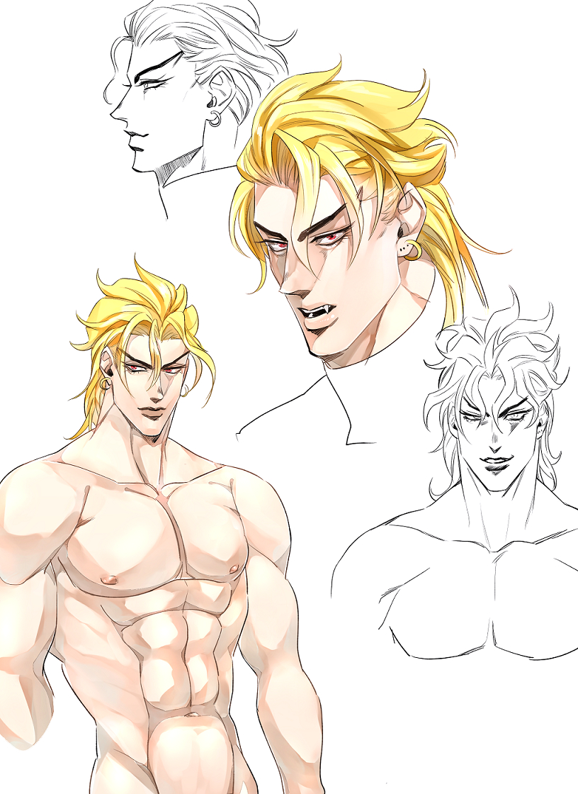 1boy blonde_hair dio_brando earrings fangs jojo's_bizarre_adventure male male_only muscular_male no_visible_genitalia nude_male red_eyes solo stardust_crusaders