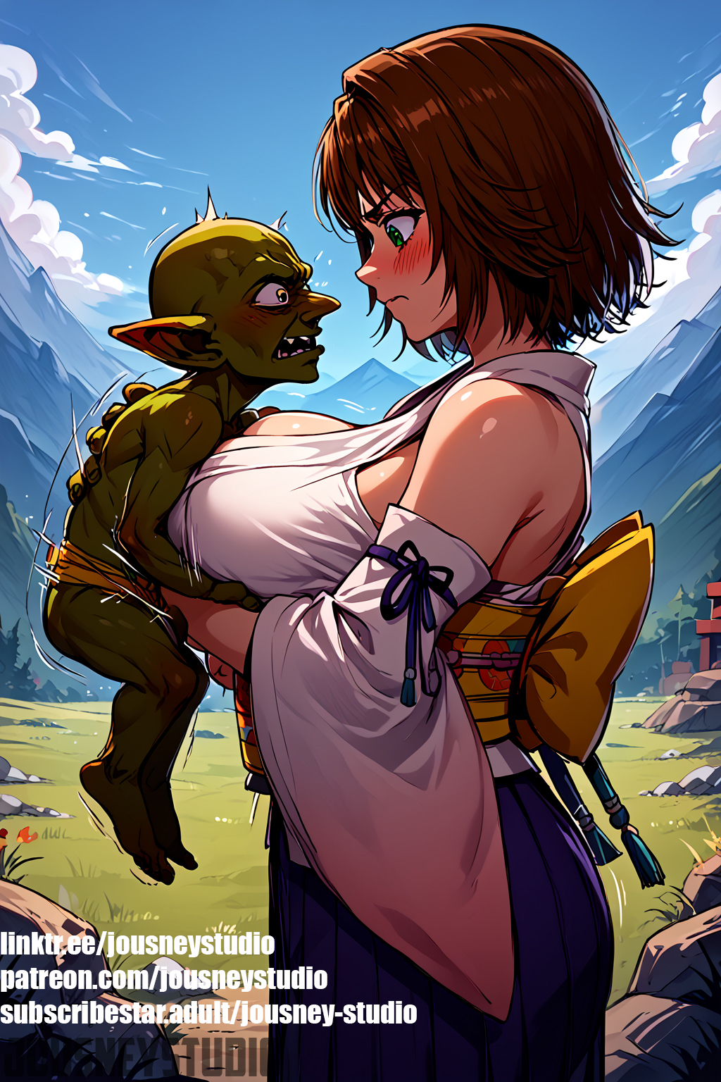 1boy ai-created ai_generated back_bow bare_shoulders black_hair blue_skirt blue_sky blush breasts brown_hair cleavage closed_mouth clothed_female_nude_male clothing cloud colored_skin day detached_sleeves english_text female final_fantasy goblin grass green_eyes jousneystudio large_breasts long_skirt looking_at_another male monster_boy multiple_girls nude obi open_mouth original outdoors paizuri patreon_username pointed_ears sash sharp_teeth short_hair sideboob skirt sky smile straight teeth text traditional_clothes tree trembling wafuku web_address wide_sleeves yuna