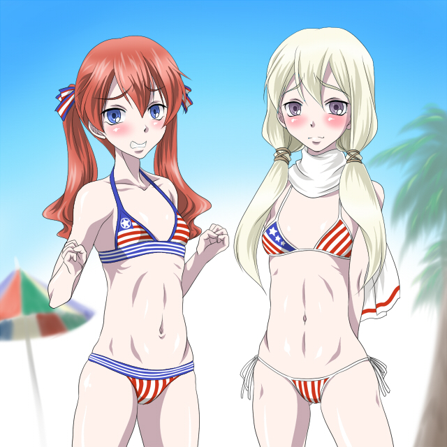 2girls atagawa blush carla_luksic flat_chest francie_gerard multiple_girls strike_witches swimsuit world_witches_series