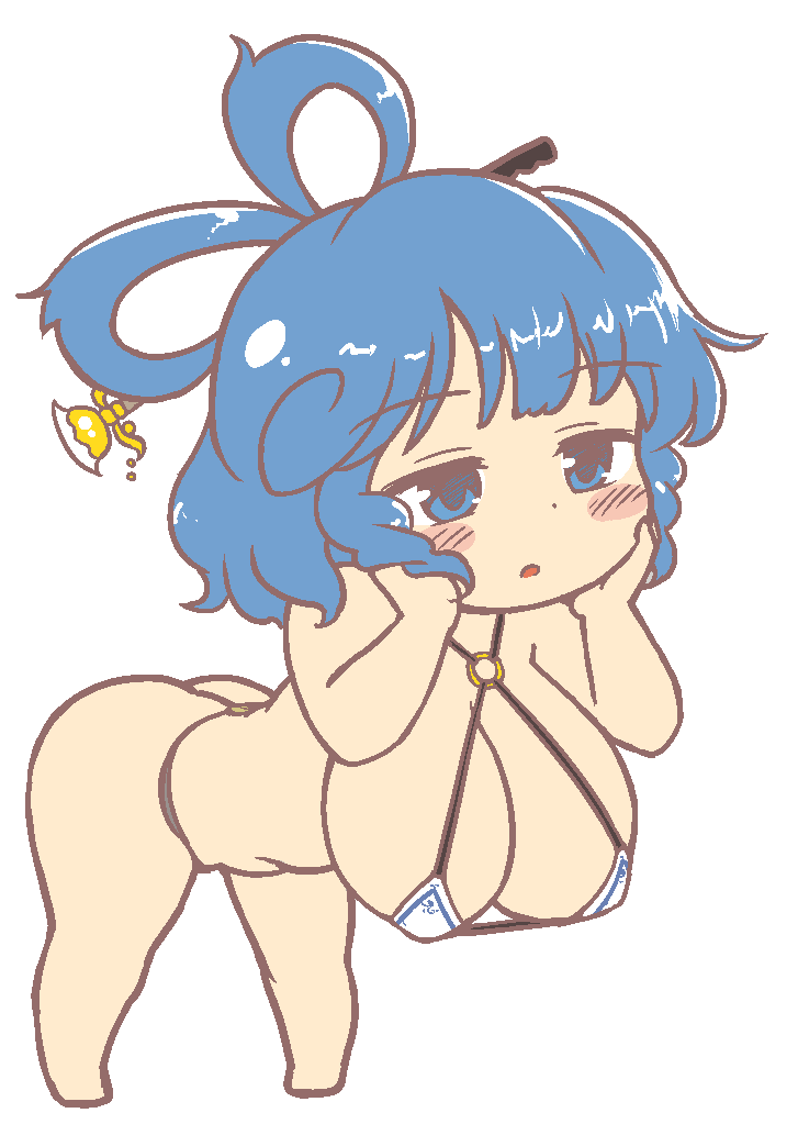 1girls artist_request ass barefoot bikini blue_eyes blue_hair butt chibi chibi_style cleavage dot_nose gyate_gyate hands_on_own_cheeks huge_breasts large_ass large_butt meme open_mouth seiga_kaku short_hair solo source_request thick_thighs thighs touhou