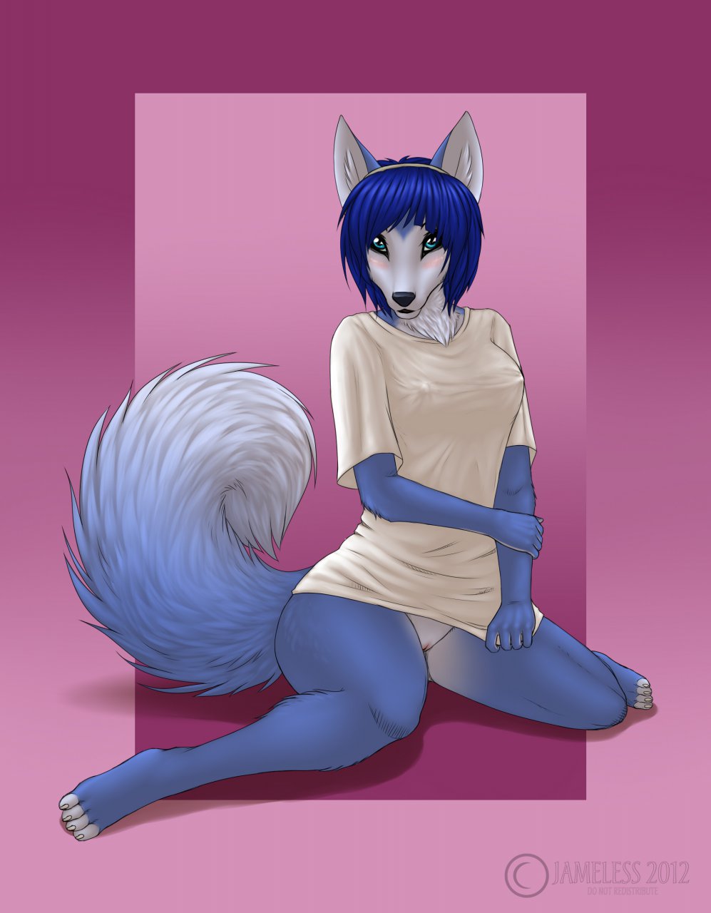 anthro barefoot black_nose blue_eyes blue_fur blue_hair blush bottomless claws clothes color female female_only fox front_view fur furry furry_ears furry_tail hair jameless krystal looking_at_viewer open_eyes pointy_ears short_hair solo star_fox tail vulva white_fur