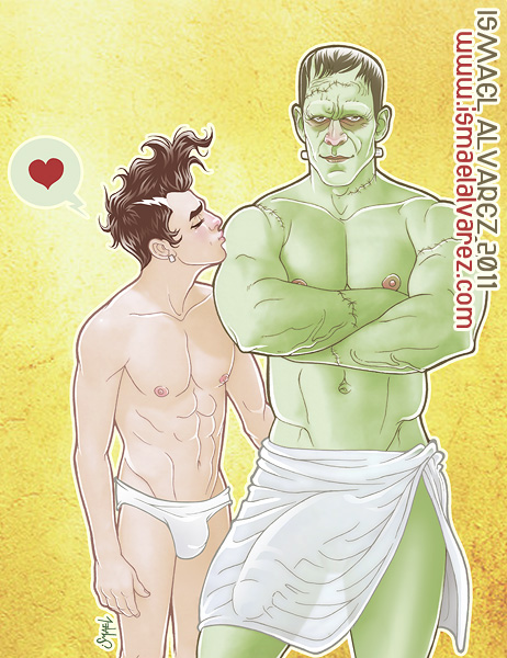 2boys abs black_hair brown_hair frankenstein frankenstein's_monster gay green_skin human ismael_alvarez lean_muscle male male/male male_nipples male_only masculine mature_male muscles muscular_male pecs penis_outline scars smooth_skinned_male tagme towel_around_waist underwear yaoi