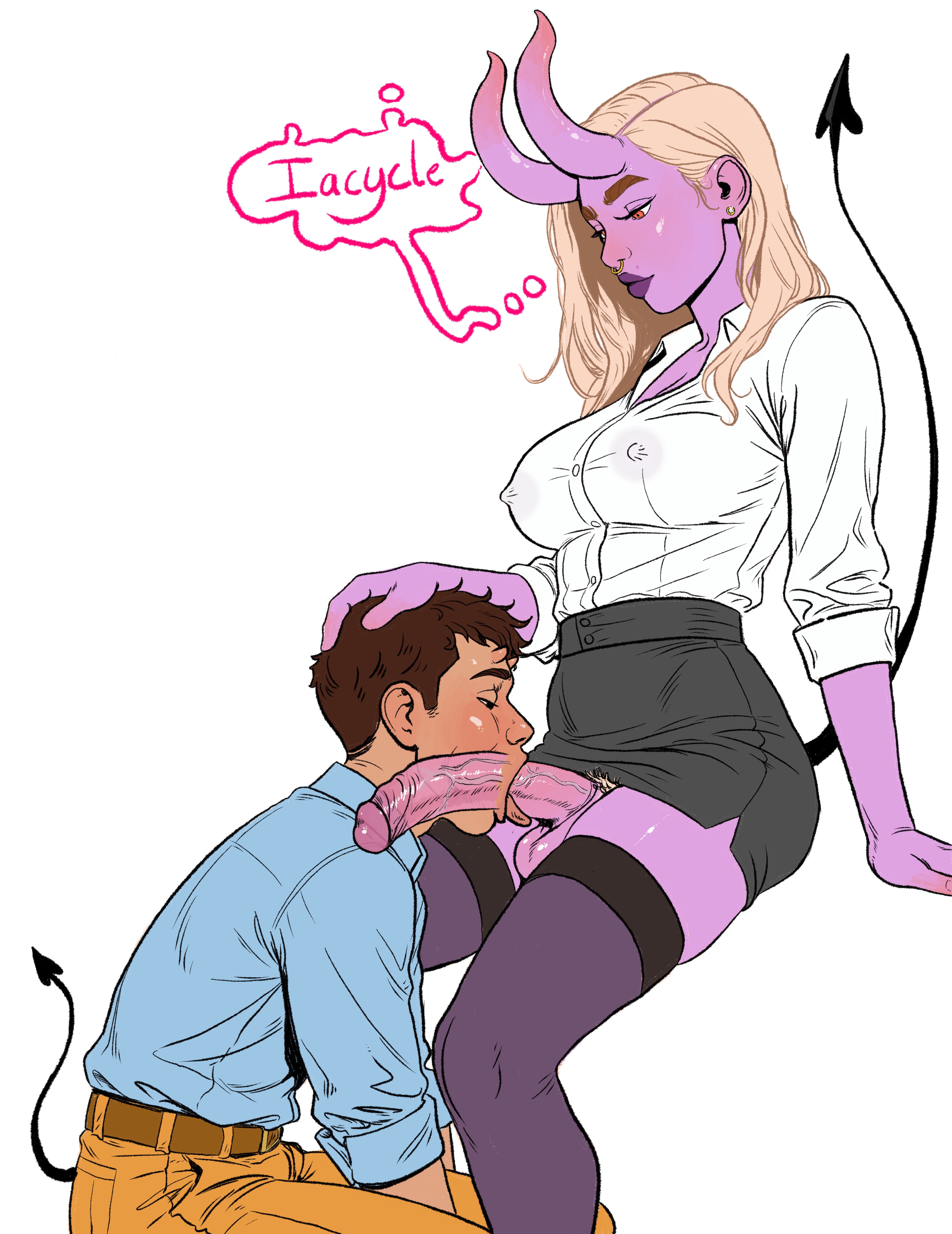 1boy, 1futa, athletic, blonde hair, blowjob, brown hair, clothed sex, deepthroat, demon, demon futa, demon girl, demon tail, fellatio, female, futa on male, futanari, iacycle, large breasts, large penis, male, male sucking futa, nipple bulge, nipples visible through clothing, office clothing, office lady, oral, oral sex, pent up, purple skin, skirt, skirt lift, tan skin, throat fuck, throat swabbing, throbbing penis, x-ray
