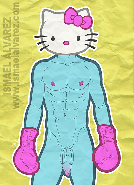 1boy blue_skin boxing_gloves flaccid hello_kitty hello_kitty_(character) hello_kitty_(series) ismael_alvarez kitty_white looking_at_viewer male male_only mask masked muscular muscular_male nude rule_63 sanrio simple_background solo tagme text uncircumcised what