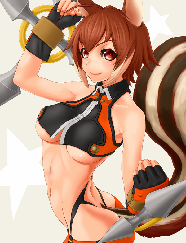 ahoge animal_ears arm_up armpits artist_request ass bare_shoulders black_panties blazblue breasts brown_hair curvy female looking_at_viewer makoto_nanaya midriff miniskirt navel panties parted_lips rocks short_hair smile solo squirrel_ears squirrel_tail tail thighhighs tonfa two_tone_hair underboob