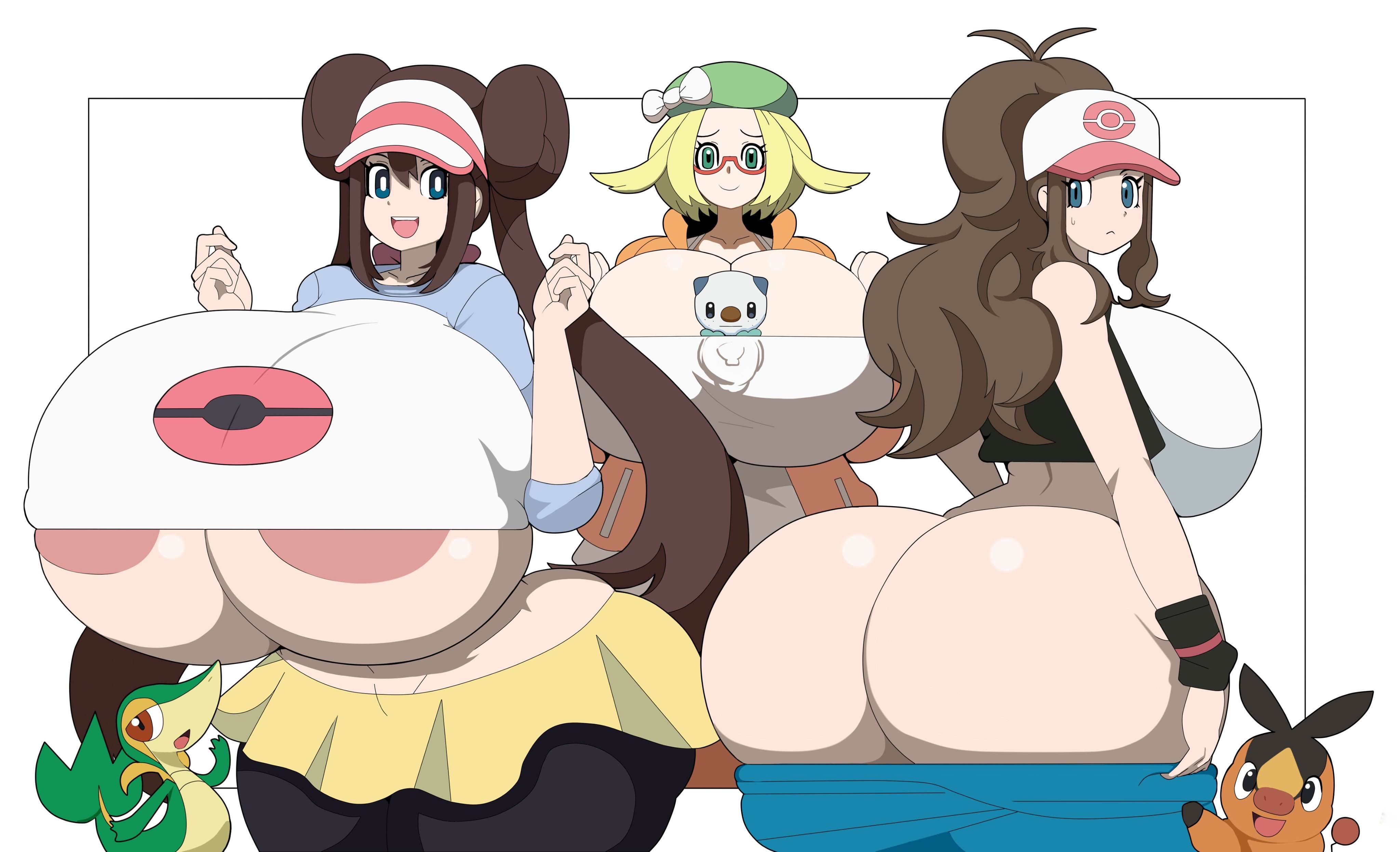 3girls, ass, ass cleavage, ass crack, bianca (pokemon), big ass, big breasts, blonde hair, boobs, bottomwear, bottomwear halfway down, breasts, brown hair, butt cleavage, butt crack, casualdemo, glasses, gothic taco, hat, hilda (pokemon), large ass, large boobs, large breasts, looking at viewer, oshawott, pokemon, pokemon (species), pokemon bw, pokemon bw2, rosa (pokemon), snivy, tagme, tepig, visor