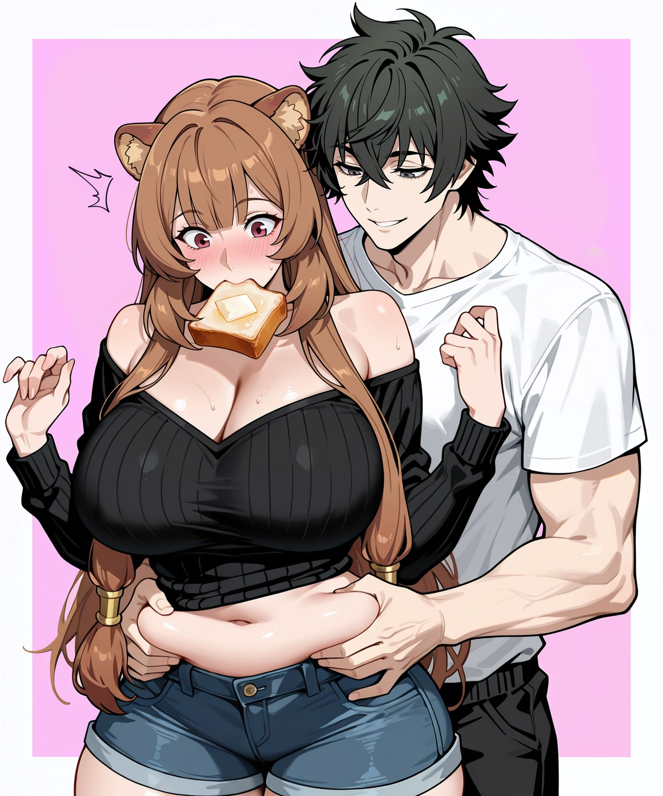 1boy, 2026, ai generated, animal ears, artist name, belly grab, black hair, black pants, blush, breasts, brown hair, couple, curvaceous, curvy, curvy body, curvy female, curvy figure, detailed, eating, embarrassed, english text, female, heart, hi res, hug, illumaru, indoors, iwatani naofumi, large breasts, long hair, long sleeves, male, pants, patreon logo, patreon username, raccoon ears, raccoon girl, raccoon tail, raphtalia, short hair, stable diffusion, straight, sweater, tail, tate no yuusha no nariagari, thick thighs, toast, voluptuous, voluptuous female, wide hips