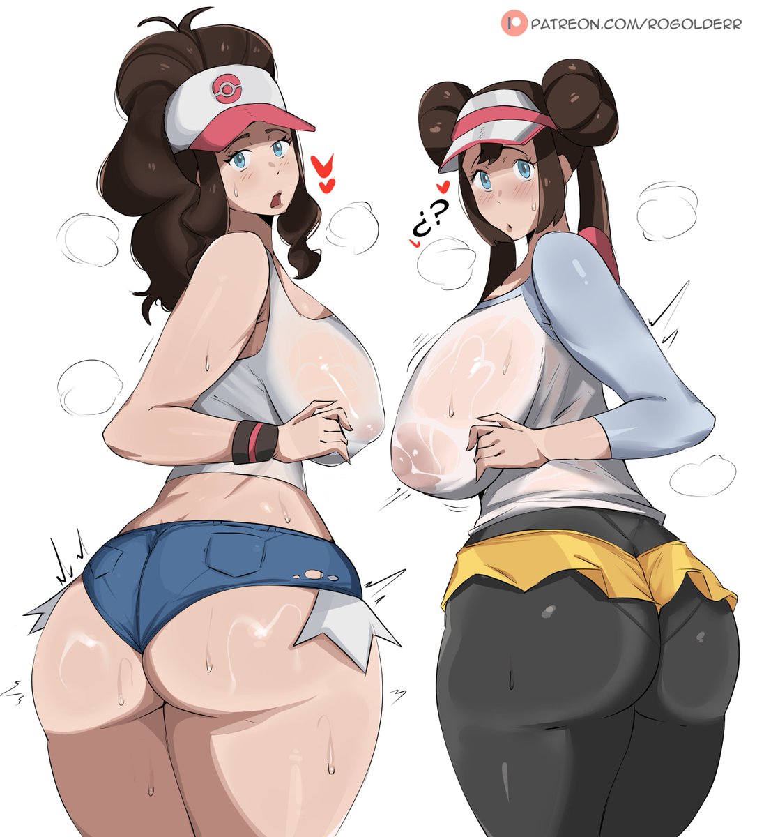2girls, ass, ass hanging out, ass hanging out of shorts, booty shorts, breasts, female, female focus, female only, hilda (pokemon), large ass, large breasts, light skin, light-skinned female, looking at viewer, looking back, nintendo, pokemon, pokemon bw, pokemon bw2, rogolderr, rosa (pokemon), sagging breasts, short shorts, shorts, thick thighs, thighs, twitter link, wide hips