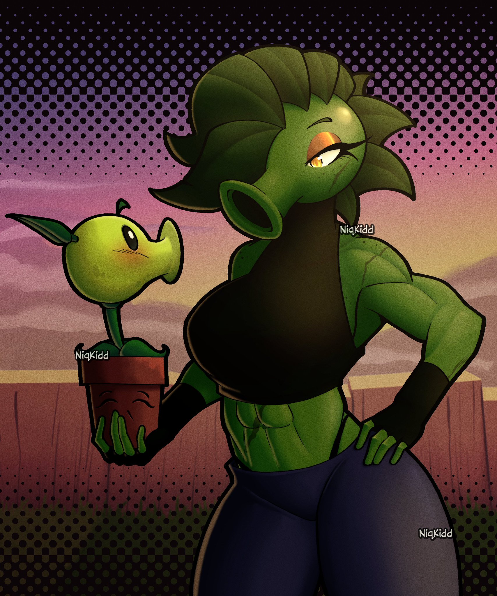 blue pants, blush, breasts, female, flower pot, flower-pot (pvz), grass, green hair, green skin, holding, holding object, humanized, male, niqkidd (artist), original character, peablaze (leafpaw), peashooter (pvz), plant, plants vs zombies, simple background, sky