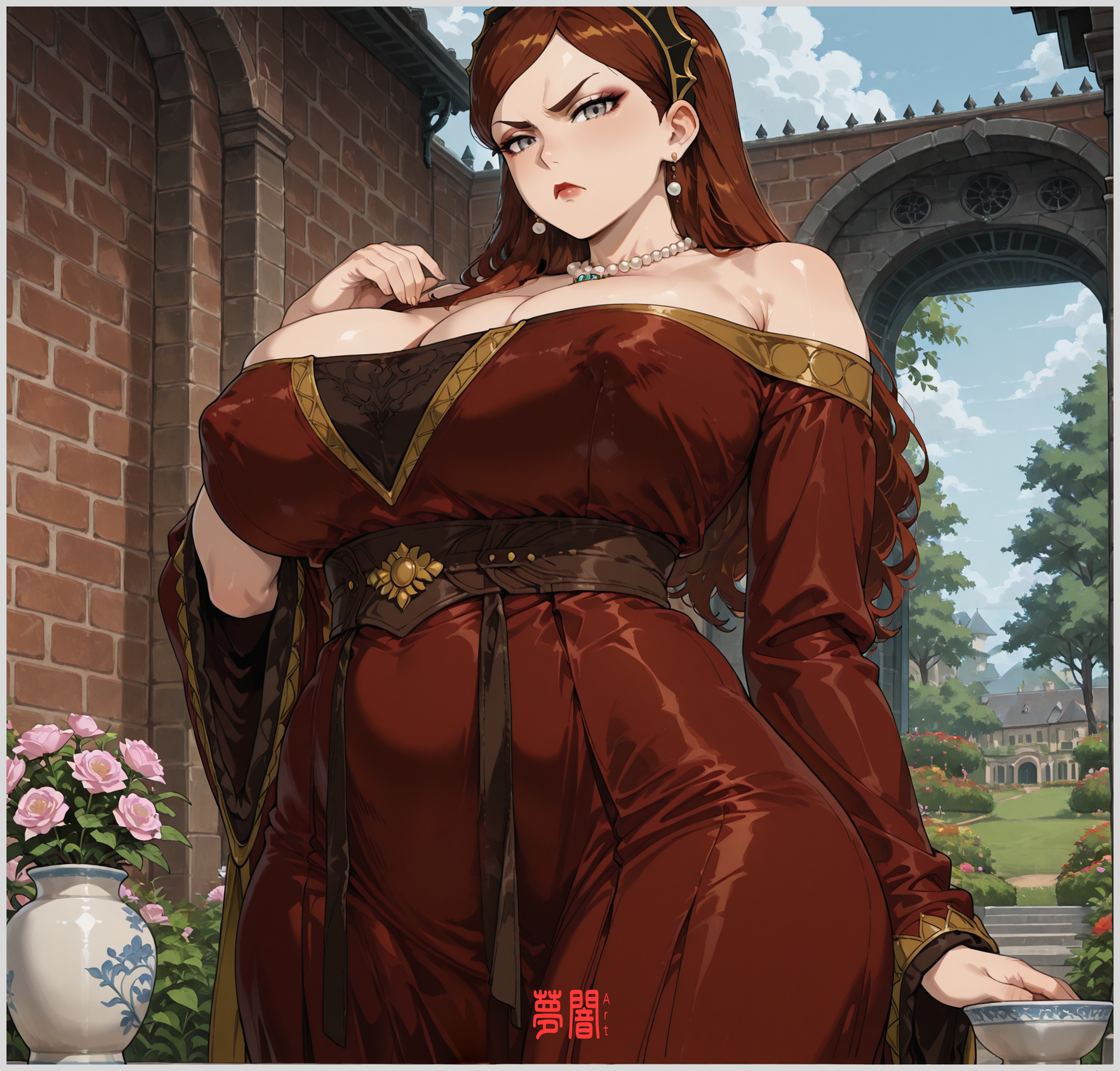 1girls, adoptable, ai assisted, ai generated, big breasts, breast expansion, breast growth, breast growth (enlargement), breasts, busty, cleavage, deviantart, deviantart link, deviantart username, elegant, elegant dress, female, female only, hilda boreas greyrat, huge breasts, large breasts, long hair, medieval, medieval clothing, milf, mushoku tensei, mushoku tensei: isekai ittara honki dasu, oppai, patreon, red hair, voluptuous, voluptuous female, yametastudio