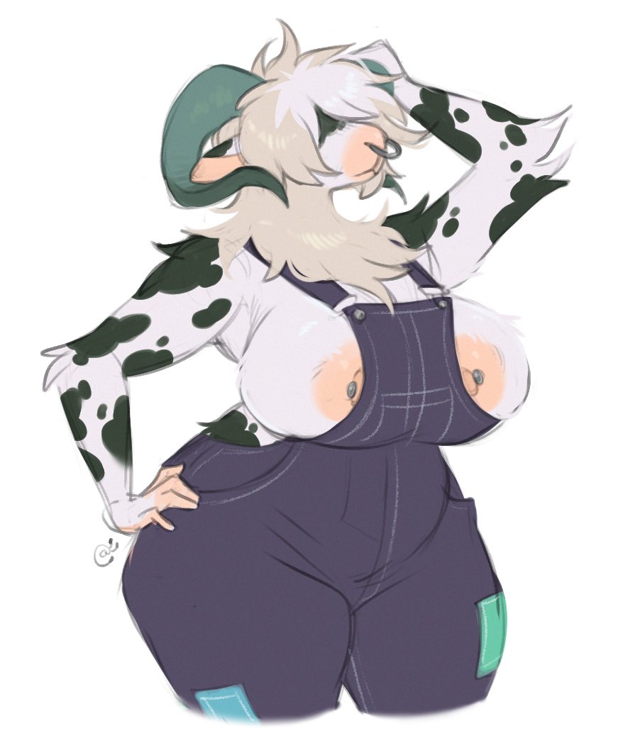 1female, 1girl, 1girls, 2d, 2d (artwork), anthro, anthro only, anthropomorphic, big breasts, breast focus, breasts, breasts bigger than head, breasts focus, cow ears, cow furry, cow girl, cow horns, female, female focus, female only, furry, horns, huge breasts, large areolae, large breasts, nipple piercing, original character, overalls, overalls only, snailerpark