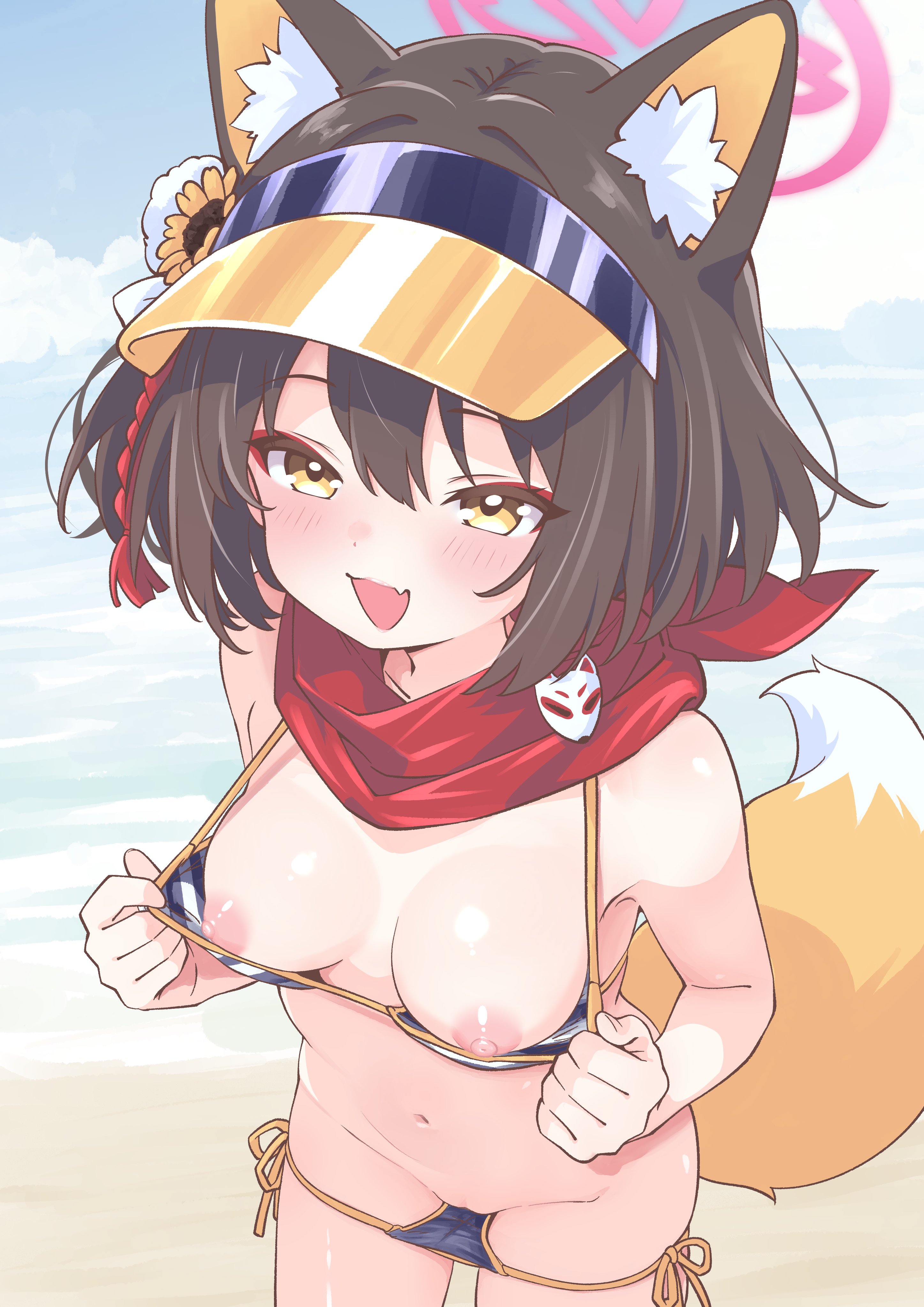 1girls, animal ear fluff, animal ears, beach, bikini, bikini bottom, bikini top, blue archive, blush, breasts, brown hair, clouds, cute fang, female, female focus, female only, fox ears, fox girl, fox hair ornament, fox tail, hair, hair ornament, hairless pussy, halo, hat, izuna (blue archive), izuna (swimsuit) (blue archive), mo mo mo79, nipples, oerba yun fang, outside, pink halo, red scarf, removing bikini, removing bikini bottom, removing bikini top, removing clothing, sand, scarf, seductive, seductive look, seductive smile, small breasts, solo, solo female, solo focus, stripping, swimsuit, swimsuit aside, swimsuit pull, tail, water, yellow eyes