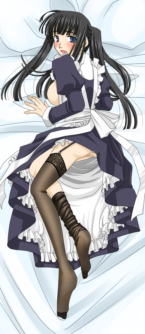 1girls black_hair blue_eyes breasts censored dakimakura female human long_hair long_legs looking_at_viewer no_panties on_back open_mouth owl_partita saint_seiya:_the_lost_canvas specters thighhighs topless