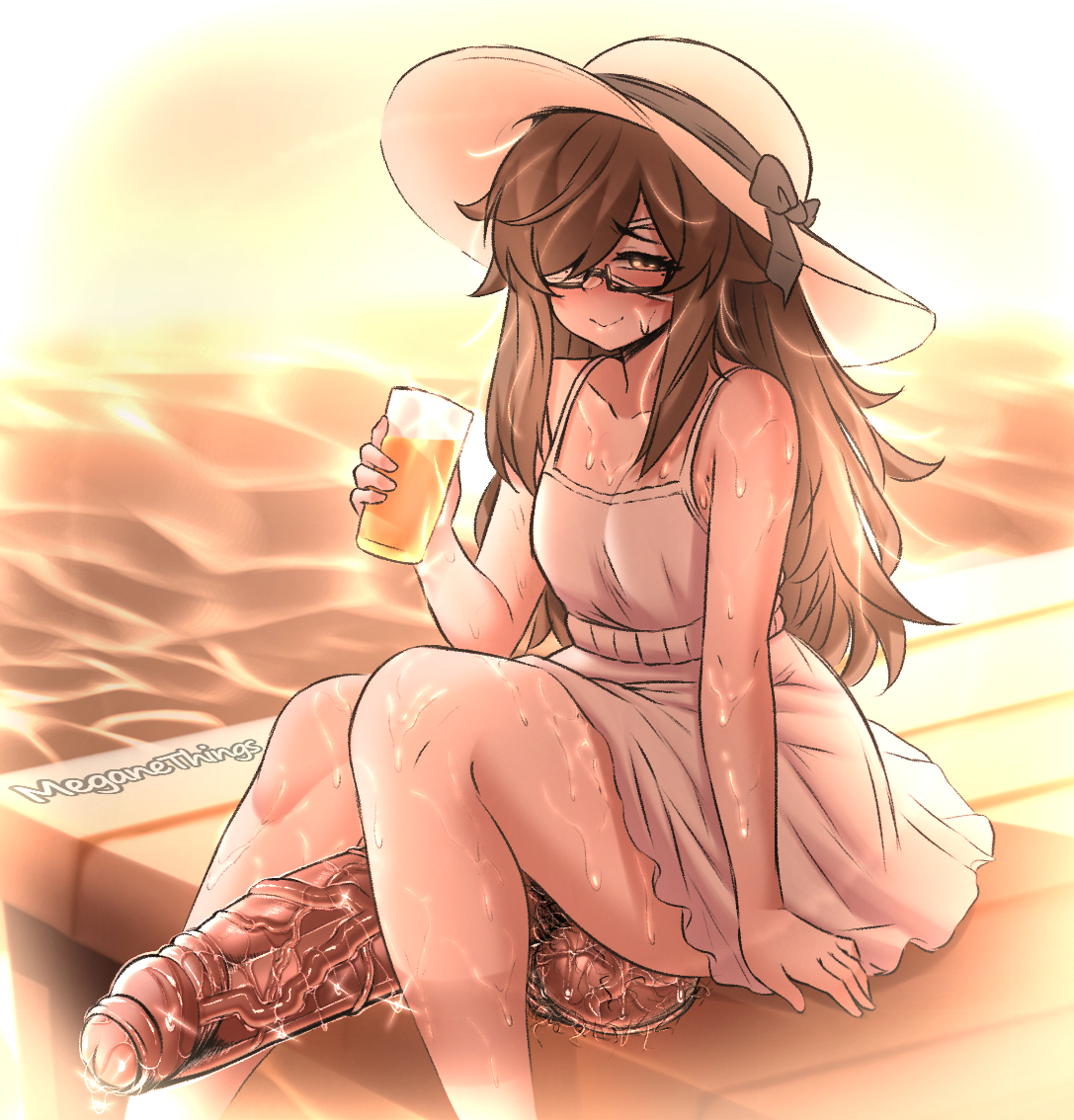 1boy, 1boys, balls, brown eyes, brown hair, cock, drinking, drinking glass, embarrassed, femboy, hair over one eye, huge penis, hung femboy, hung trap, long hair, long penis, looking at viewer, meganethings, otoko no ko, penis, penis out, pubic hair, pubic hair peek, solo, solo femboy, solo focus, solo male, summer, sundress, sunhat, sweat, sweatdrop, sweating, sweaty, sweaty balls, sweaty body, testicles, thick thighs, trap, veiny balls, veiny cock, veiny penis, veiny testicles, water, wide hips, yume (meganethings)