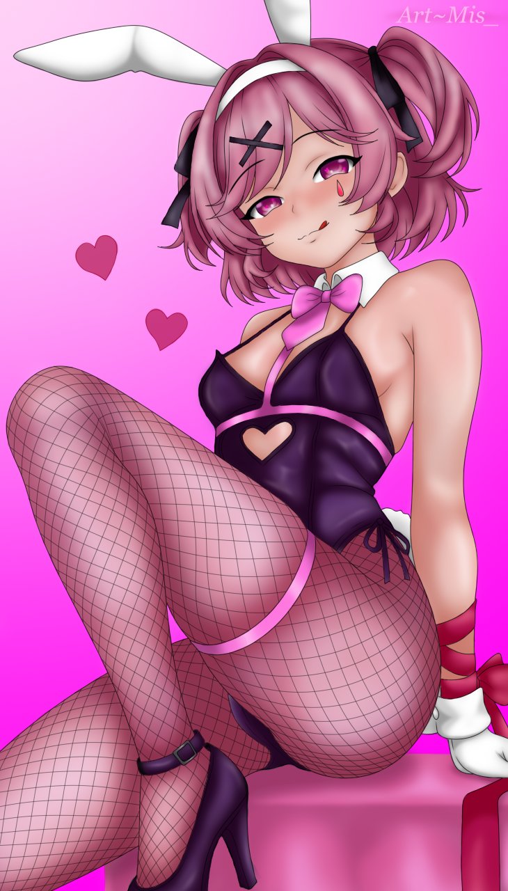 1girls, bunny ears, bunny girl, bunny tail, bunnysuit, doki doki literature club, female, female only, mis18art, natsuki (doki doki literature club), solo