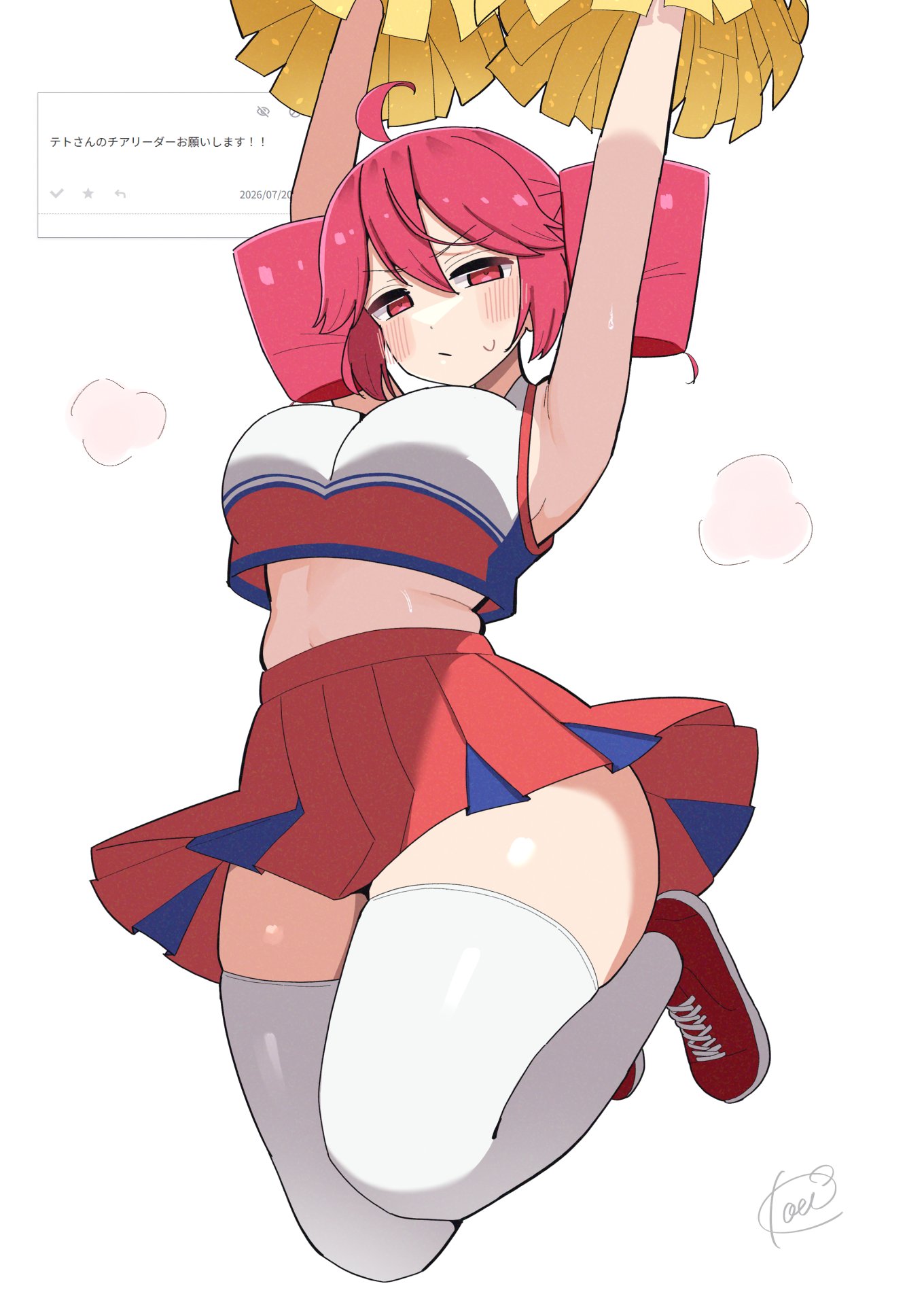 1girls, 2d, 2d (artwork), annoyed, annoyed expression, armpits, arms up, belly, big breasts, big thighs, blush, blush lines, blushing, blushing female, breasts, cheering, cheerleader, cheerleader outfit, cheerleader uniform, crop top, curvaceous, curvy, curvy female, curvy figure, embarrassed, embarrassed female, exposed belly, exposed midriff, fat thighs, female, female only, gigantic thighs, hourglass figure, huge breasts, huge thighs, jumping, kasane teto, koeikobo, large breasts, large thighs, looking at viewer, love handles, massive thighs, midriff, miniskirt, odaibako, plump, plump thighs, pom poms, red eyes, red hair, request, request inset, shiny skin, shiny thighhighs, shiny thighs, simple background, skindentation, skirt, skirt lift, sneakers, solo, solo female, steam, steaming body, sweat, sweatdrop, sweating, thick thighs, thighhighs, thighs, thighs bigger than head, thighs bigger than torso, twin drills, utau, voluptuous, voluptuous female, white background, wide hips, wind lift