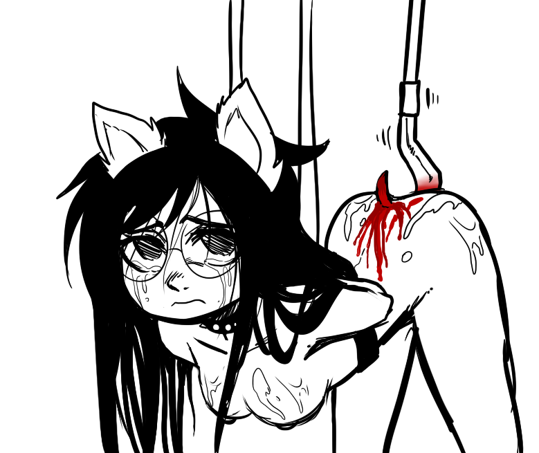 1girls animal_ears black_hair bleeding blood blood_stain bloody_hook bondage bound breasts closed_mouth collar color crablouse dog_ears ears exposed_breasts female female_only fur furry_ears glasses gore guro hair homestuck hook injury jade_harley long_hair mouth ms_paint_adventures nipples partially_colored puncture solo suspension tear white_background wound