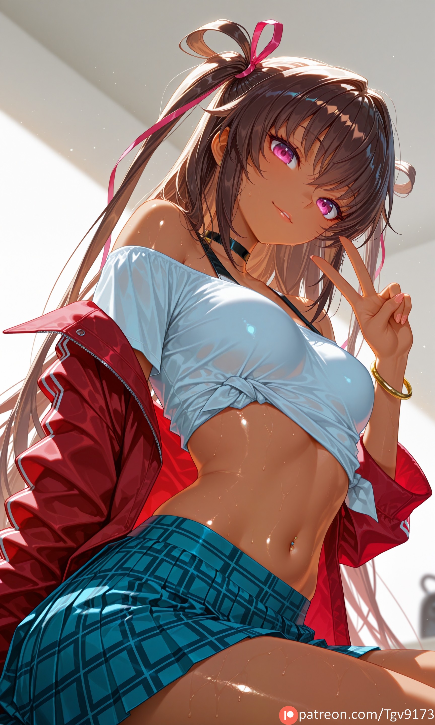1girl, 1girls, ai generated, alternate breast size, alternate breast size (larger), alternate costume, bangs, bare shoulders, black choker, blush, bracelet, breasts, brown hair, choker, commission, commission art, commissions open, corruption, crop top, dark skin, dark-skinned female, gyaru, gyaru gal, gyarufication, hair ribbon, highres, image, image sample, image set, jacket, jewelry, long hair, long sleeves, looking at viewer, medium breasts, midriff, mizuki yukikaze, more at source, navel, off shoulder, part of a set, parted lips, patreon, patreon username, pink eyes, pink ribbon, pixiv, pixiv commission, pixiv link, pixiv sample, plaid, plaid skirt, pleated skirt, provocative, purple eyes, red jacket, revealing clothes, ribbon, self upload, shiny skin, shirt, sitting, skirt, smile, solo, stomach, streetwear, sweat, taimanin (series), taimanin yukikaze, tgv9173, tied shirt, two side up, v, wet, white shirt