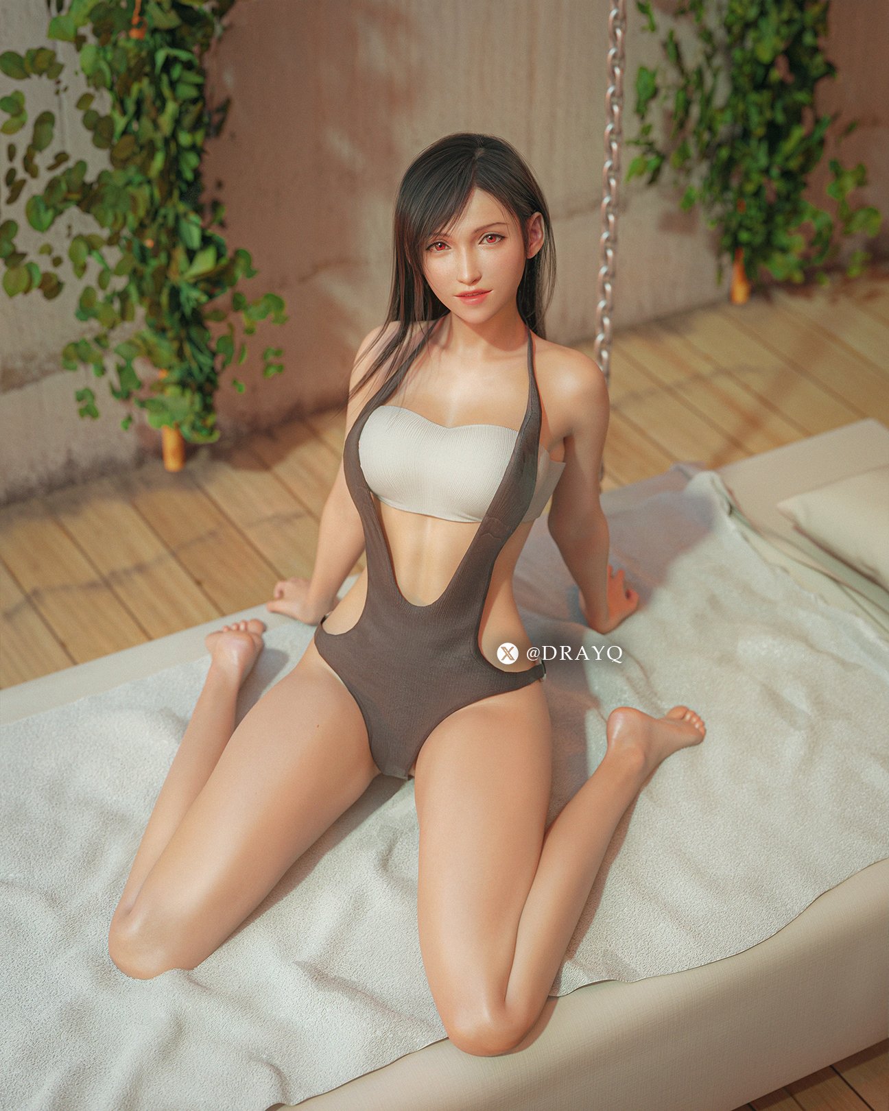 1girls, 3d, artist name, bare legs, barefoot, black hair, costume, drayqin, female, female only, final fantasy, final fantasy vii, final fantasy vii rebirth, final fantasy vii remake, fit, fit female, hair over one eye, kneeling, leaning back, long hair, looking at viewer, medium breasts, one-piece swimsuit, posing, posing for picture, posing for the viewer, red eyes, slim female, slim waist, soles, soles female, soles fetish, solo, spread legs, square enix, swimsuit, tagme, teasing, teasing viewer, tifa lockhart, toes, video game character