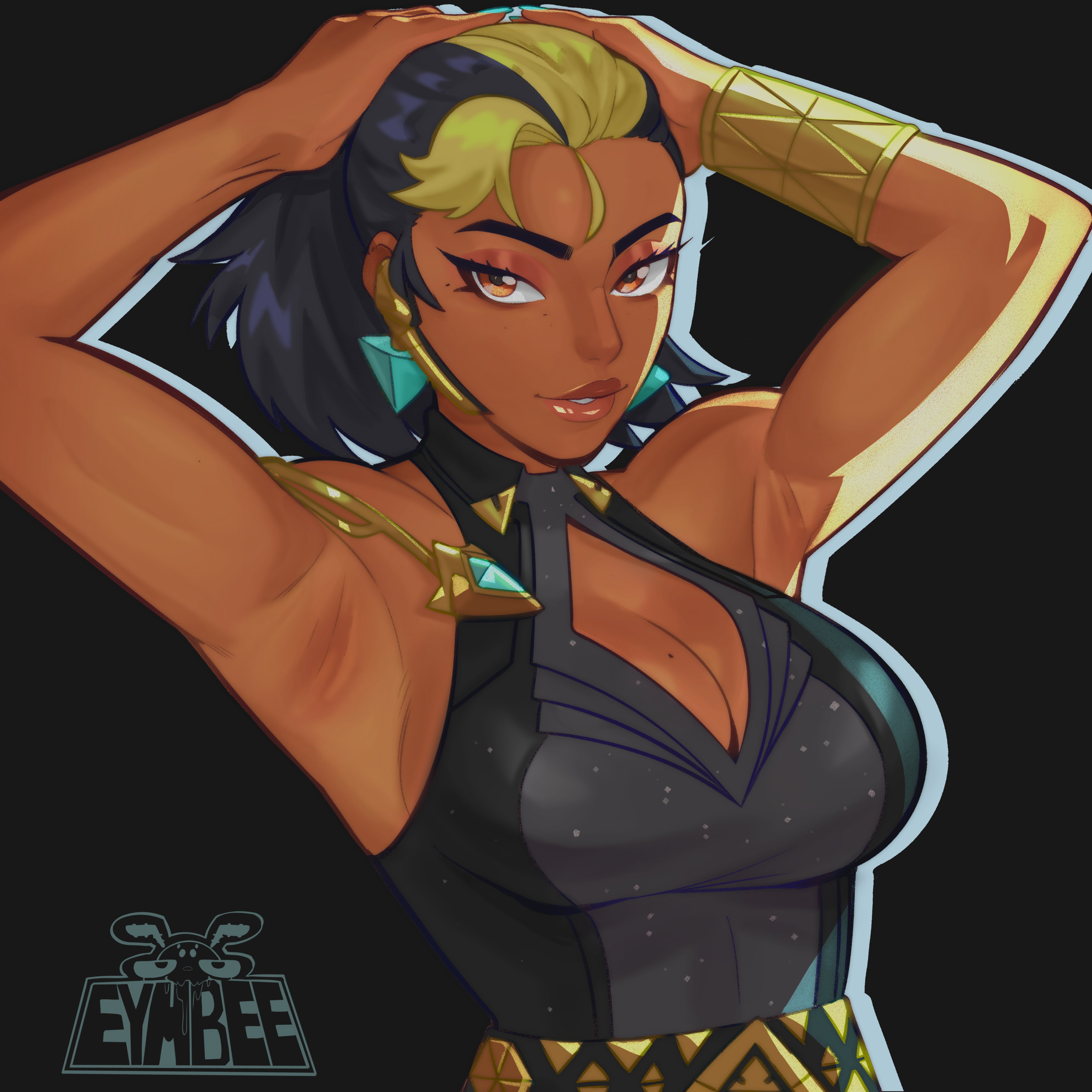 armpit, armpit crease, armpit fetish, armpits, arms behind head, arms up, big boobs, big breasts, big tits, black hair, blonde hair, boob window, boobs, breasts, brown eyes, cleavage, cleavage cutout, dark skin, dark-skinned female, domina, earrings, eyebrows, eyelashes, eyeshadow, eymbee, female, female focus, female only, hazel eyes, large boobs, large breasts, large tits, mole, mole on breast, overwatch, plump, plump breasts, plump lips, ponytail, tan skin, tits, titties, two-tone hair
