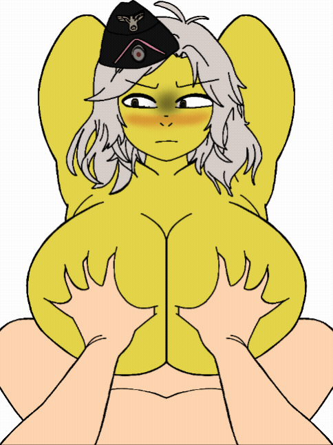1boy 1girls angry animated animated_gif arms_behind_head arms_up army_girl beat_banger big_breasts blonde_hair blush brown_eyes female_soldier german_female gif hands_on_breasts looking_away muscular_female nazi oc paizuri paizuri_lead_by_male roblox robloxian ww2 yellow_body