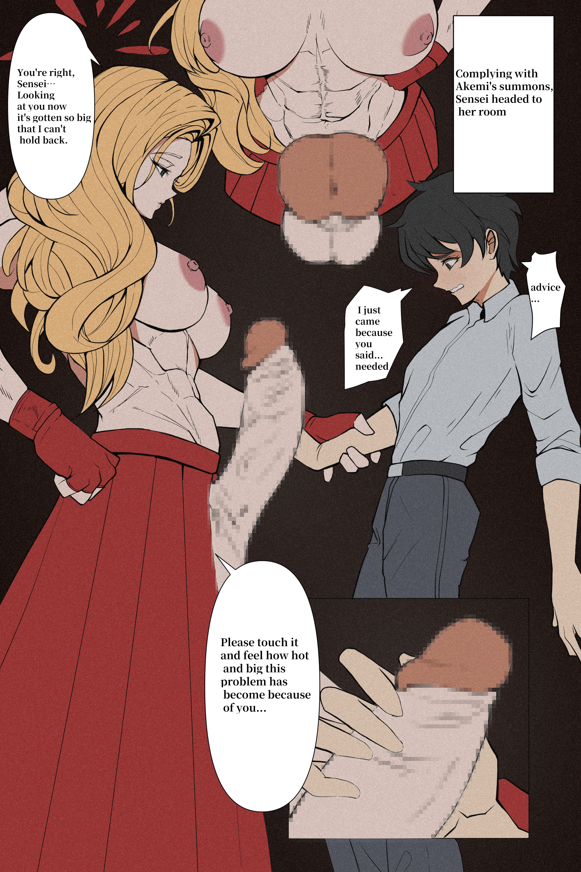 1boy, 1futa, abdomen, abs, akemi (blue archive), arm grab, big breasts, big dom small sub, big penis, bigger futa, black hair, blonde futa, blonde hair, blue archive, censored, censored penis, clothed male, dominant futa, english, english dialogue, english text, femboy, fidget4827, forced, forced partners, futa on male, futa/male, futadom, futanari, gloves, grabbing arm, hi res, high resolution, highres, jpg, large penis, light-skinned futa, light-skinned male, long hair, looking at partner, looking at penis, looking down, muscles, muscular, muscular futa, partially clothed, partially clothed futa, penis out, pink nipples, pixelated, sensei (blue archive), short hair, simple background, skirt, slim male, smaller male, submissive male, taller futa, text, text bubble