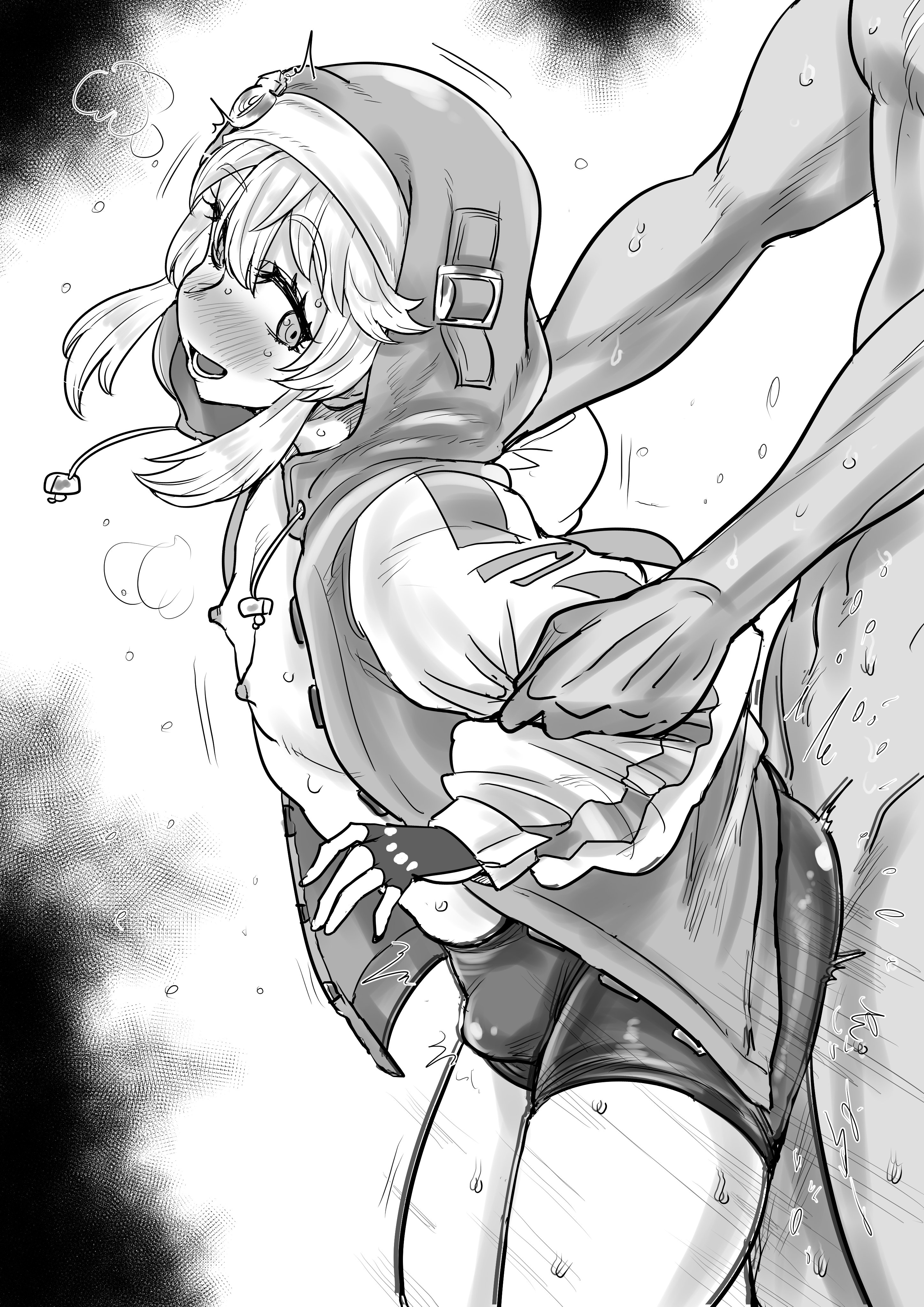 1boys, 1girls, 2025, absurdres, big dom small sub, bike shorts, blush, bouncing penis, boy on top, bridget, bridget (guilty gear), classic bridget, fingerless gloves, from behind position, gloves, greyscale, guilty gear, guilty gear strive, half-closed eyes, height difference, highres, horny, jacket, kaiman garupan, male, monochrome, nude, nun, open mouth, penis, petite male, pleasure face, sex, size difference, thick thighs, trans, trans woman, transgender