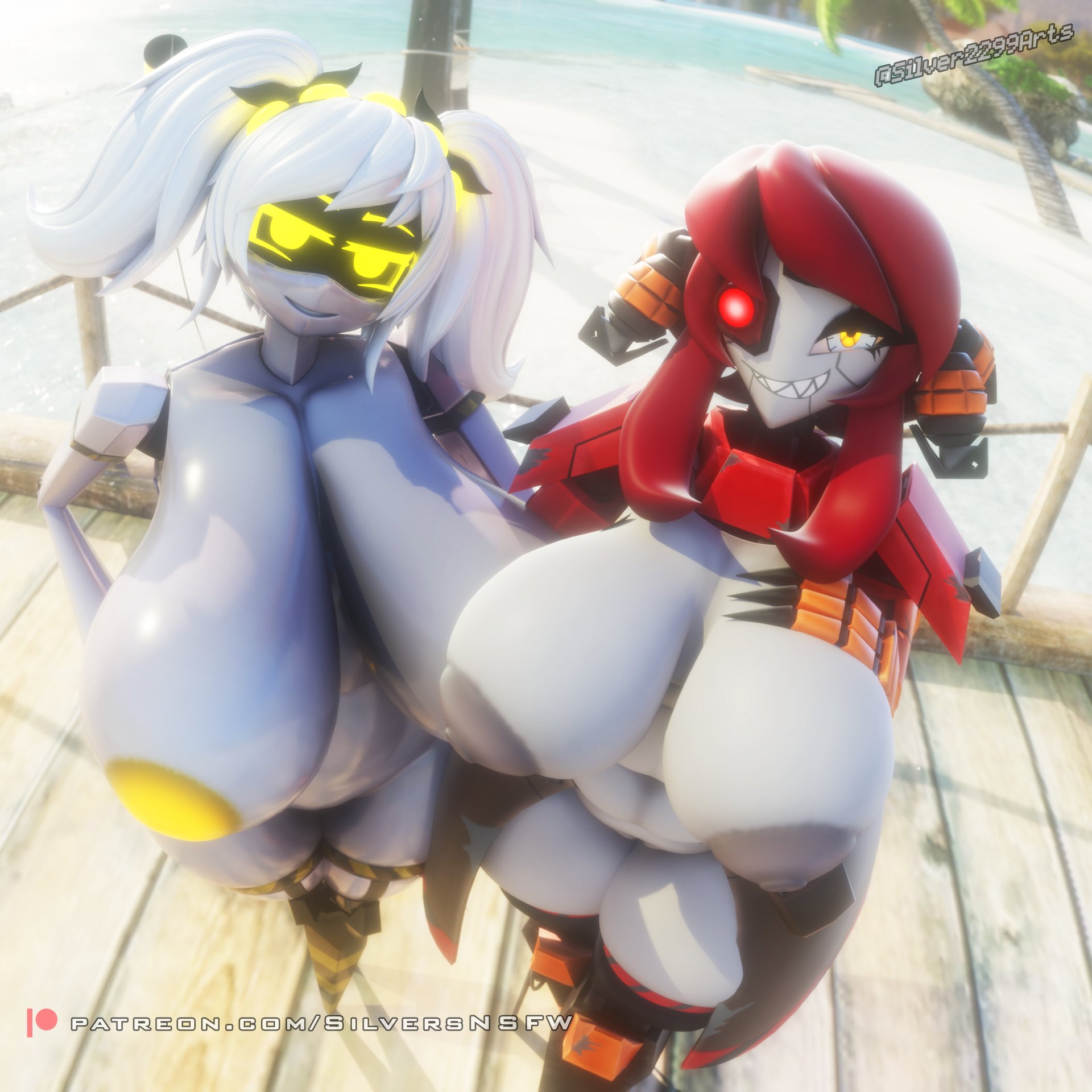 2girls, 3d, big areola, big breasts, boobs, female, female only, glitch productions, j (murder drones), murder drones, nipples, robot girl, senthia, silver2299, tagme, team fortress 2