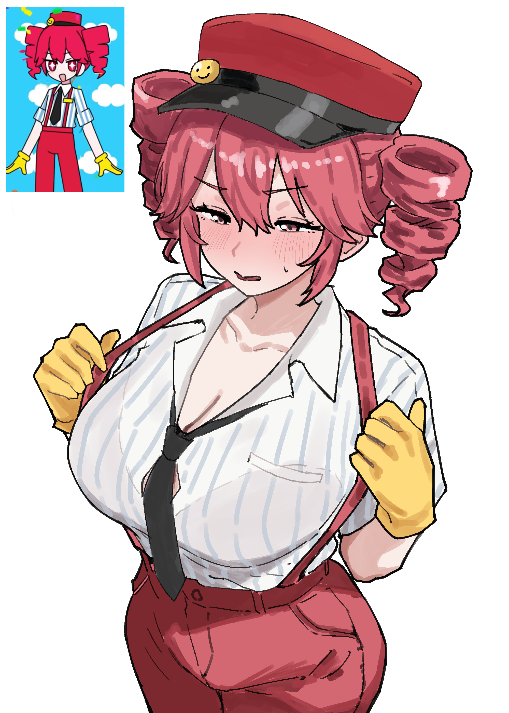 1girls, 2d, 2d (artwork), artist request, big breasts, blouse, blush, blush lines, blushing, blushing female, blushing profusely, bra, bra visible through clothes, breasts, cleavage, curvaceous, curvy, curvy female, curvy figure, deep cleavage, female, female only, gloves, hat, high waisted pants, high-waist pants, hourglass figure, huge breasts, kasane teto, kasane teto (sv), large breasts, mesmerizer (vocaloid), mesmerizer teto, mv character, necktie, pants, plump, plump breasts, pulling suspenders, red eyes, red hair, reference, reference image, reference inset, round breasts, see-through, see-through clothing, see-through shirt, shirt, simple background, slim waist, solo, solo female, striped shirt, suspenders, suspenders pull, sweat, sweatdrop, sweating, synthesizer v, twin drills, utau, voluptuous, voluptuous female, white background, wide hips