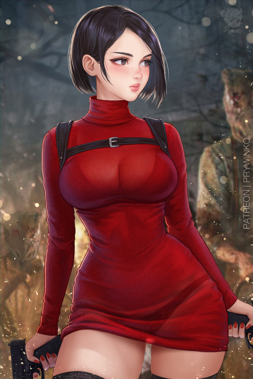 1girls ada_wong ada_wong_(adriana) black_eyes black_hair blush capcom dress female female_only hi_res looking_away pink_lips prywinko resident_evil resident_evil_4 resident_evil_4_remake see-through solo sweater sweater_dress