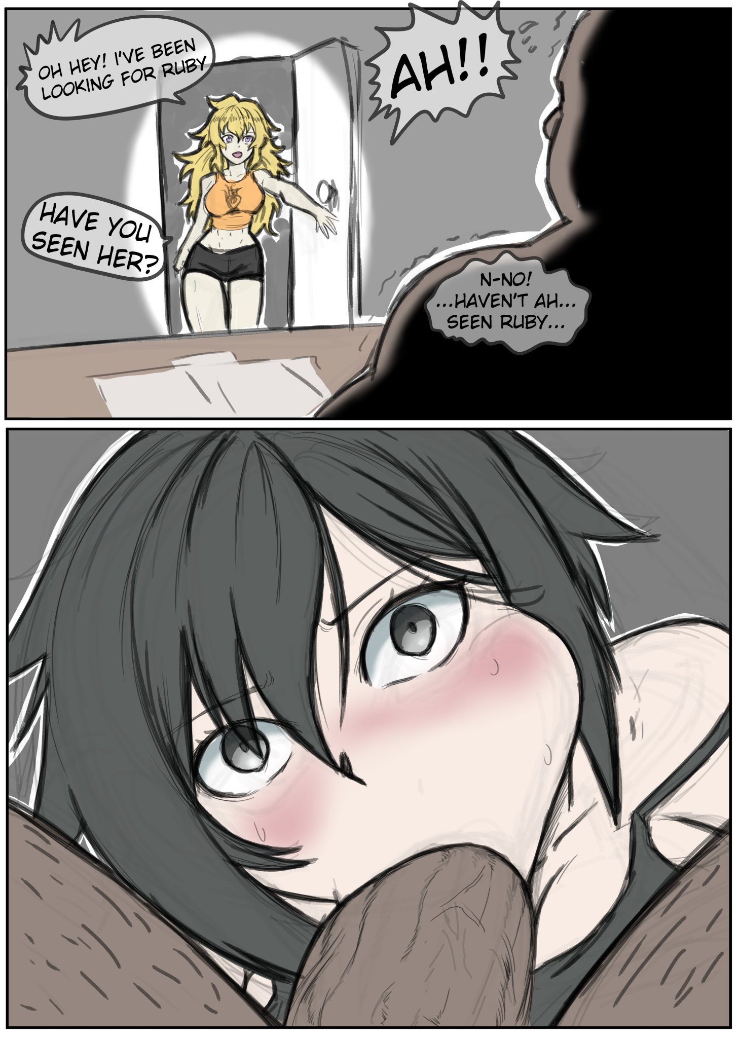 1boy, 1girls, 2girls, absurd res, aima zero, bald, between legs, blonde hair, blush, dark skin, dark-skinned male, deepthroat, english text, fellatio, highlights (coloring), highres, long hair, looking at viewer, male pov, multiple girls, oral, oral sex, orange tank top, pink eyes, pov, red streaks, ruby rose, rwby, short hair, shorts, silver eyes, speech bubble, under the table, viz media, yang xiao long