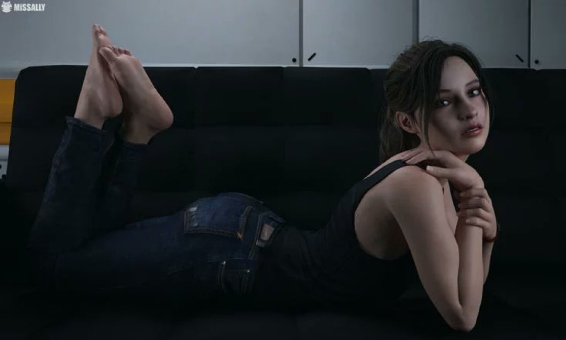 1girls, 3d, american, barefoot, brown hair, butt, capcom, claire redfield, claire redfield (jordan mcewen), crossed feet, crossed legs, feet, feet up, female, female only, jeans, legs up, lying on stomach, missally, posing, posing for the viewer, resident evil, resident evil 2, resident evil code veronica, shirt, sleeveless, sleeveless shirt, soles, soles female, soles fetish, solo, source request, tank top, tanktop, teasing, teasing viewer, teasing with feet, teenage girl, teenager, tied hair, toes, video game character