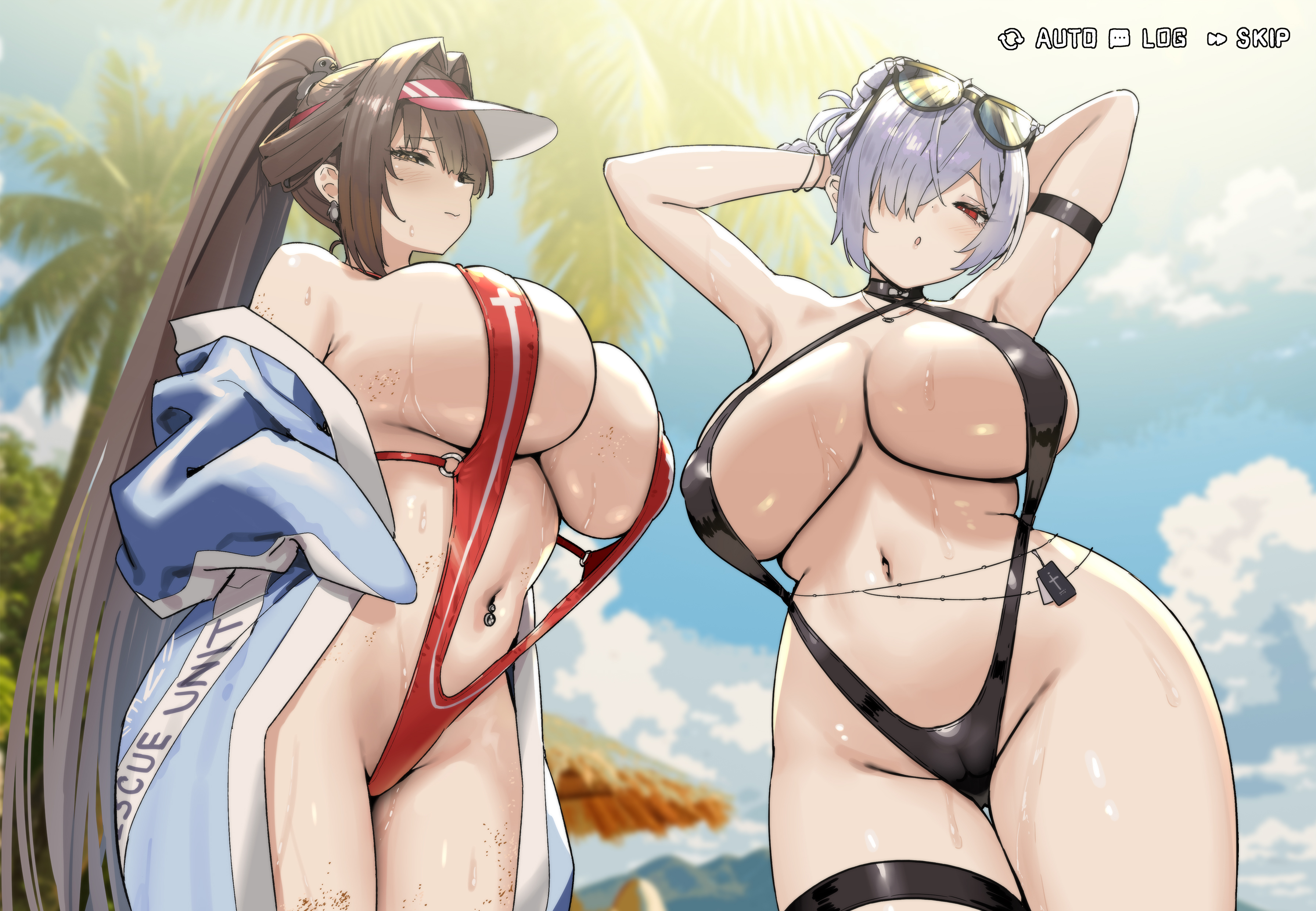 2girls, cinderella (crystal wave) (nikke), cinderella (nikke), curvy, fake screenshot, goddess of victory: nikke, huge breasts, marciana (marine study) (nikke), marciana (nikke), multiple girls, sky (freedom), skyfreedom, thick thighs, voluptuous, wide hips