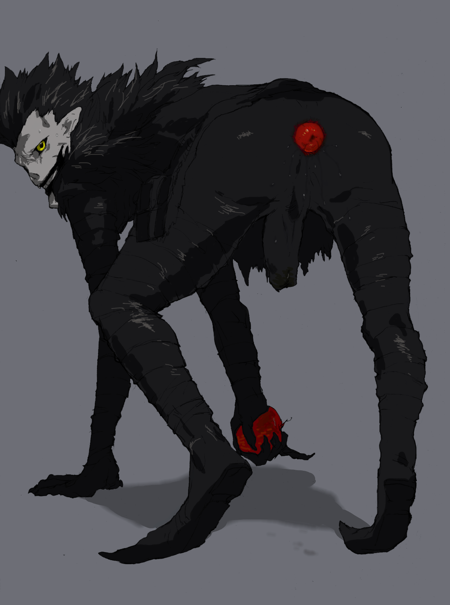 1boy anal_prolapse anus apple ass bebebebebe black_body death_note demon male male_only monster penis prolapse prolapsed_anus ryuk shinigami solo sweat sweaty_ass tototoilet yellow_eyes