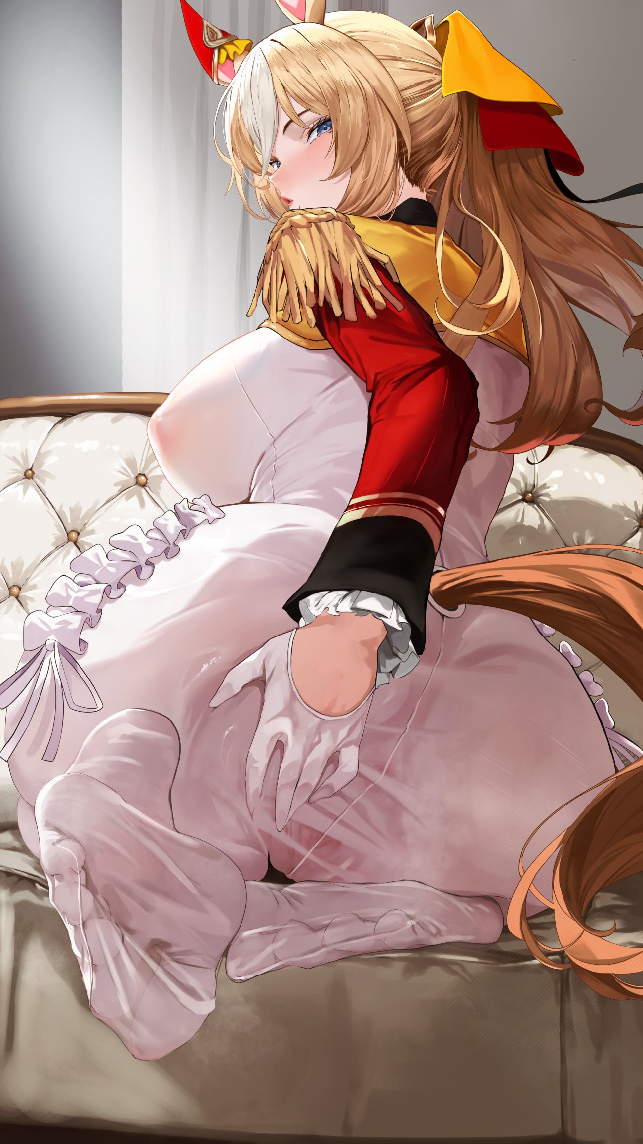 1girl, blonde hair, durandal (umamusume), from behind, fuwamozzi, horse ears, horse girl, horse tail, huge ass, large breasts, looking at viewer, looking back, multicolored hair, on couch, ponytail, see-through clothing, soles, solo, spread pussy under clothes, tail through clothes, umamusume, umamusume pretty derby, white bodysuit, white gloves, white hair