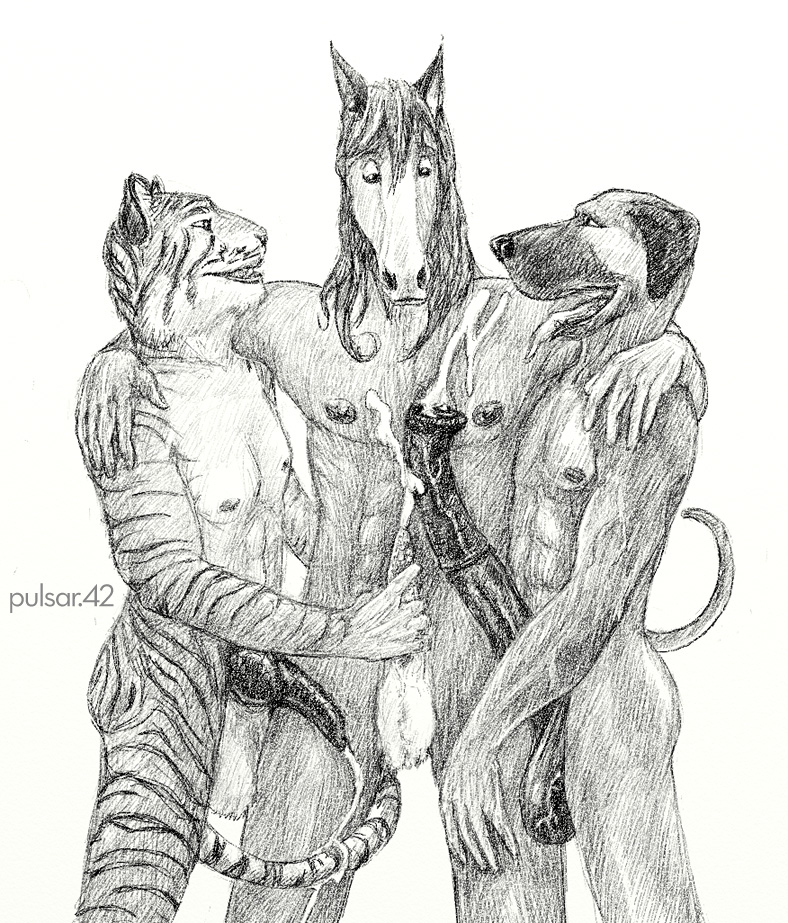 2008 anthro balls canine cum equine feline flaring_penis fur furry group horse horseballs horsecock male male_only mammal multiple_males nipples open_mouth plain_background pulsar simple_background teeth tiger tongue white_background yaoi