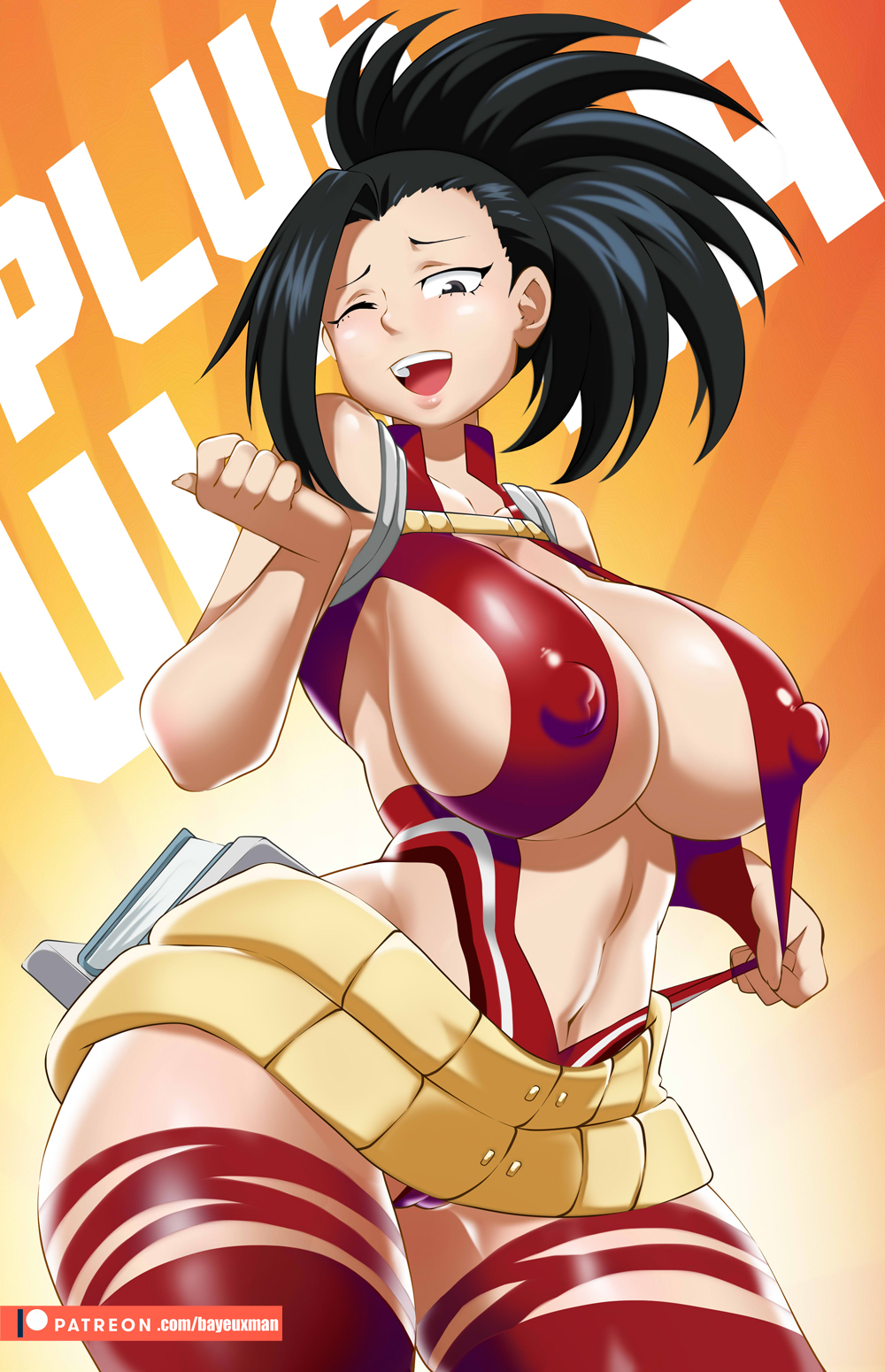 1girls, bayeuxman, big breasts, black eyes, black hair, breasts, female, female only, hero outfit (mha), hourglass figure, huge breasts, human, human female, large breasts, leotard, light-skinned female, long hair, momo yaoyorozu, momo yaoyorozu (hero outfit), my hero academia, navel, nipples, nipples visible through clothing, one eye closed, open mouth, pokies, ponytail, slim waist, smile, solo, solo female, solo focus, superheroine, thick thighs, thighhighs, wide hips
